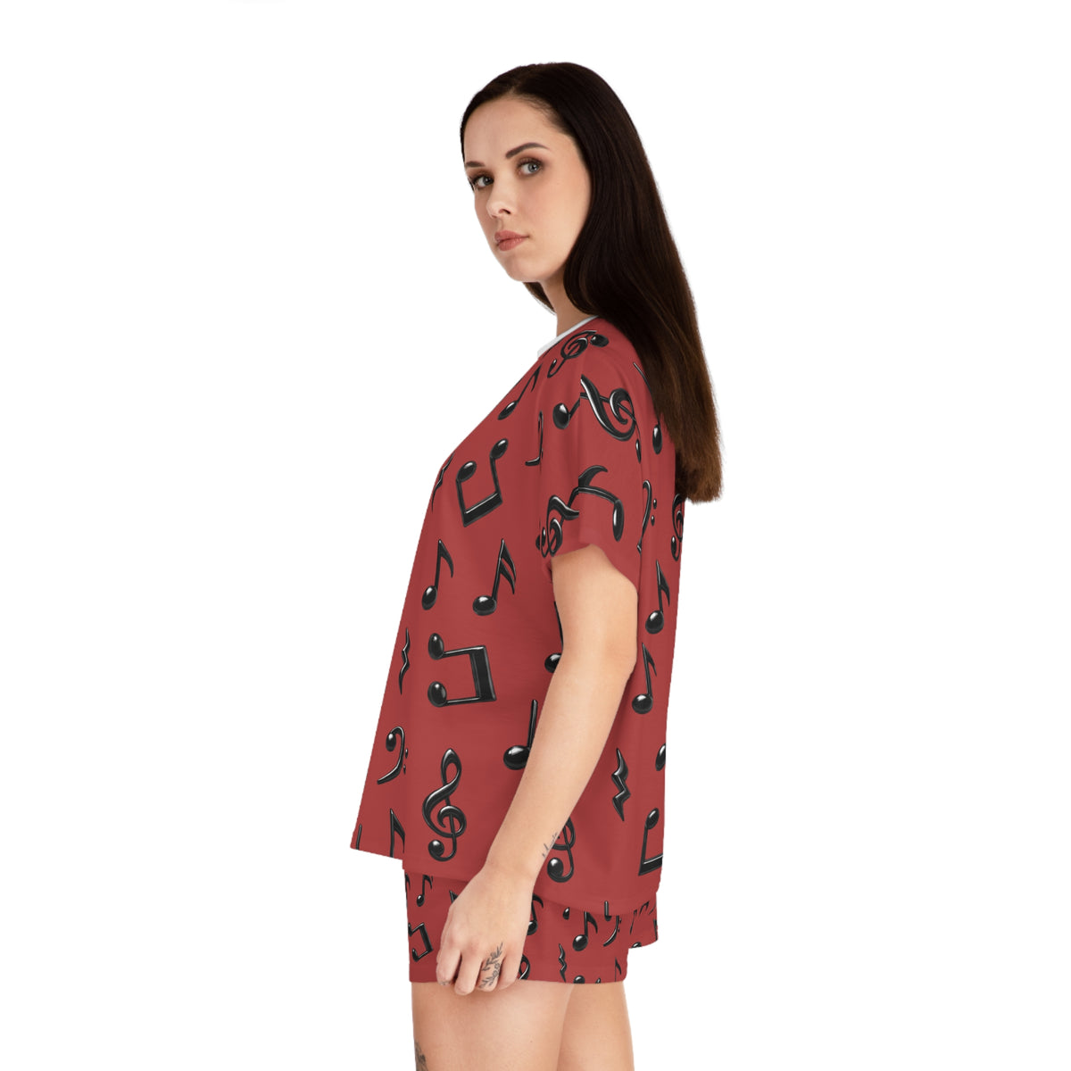 Women's Music Notes Pajama Set — Red Short Sleepwear