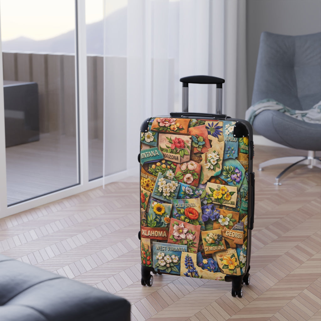 USA State Map Collage with State Flowers Suitcase