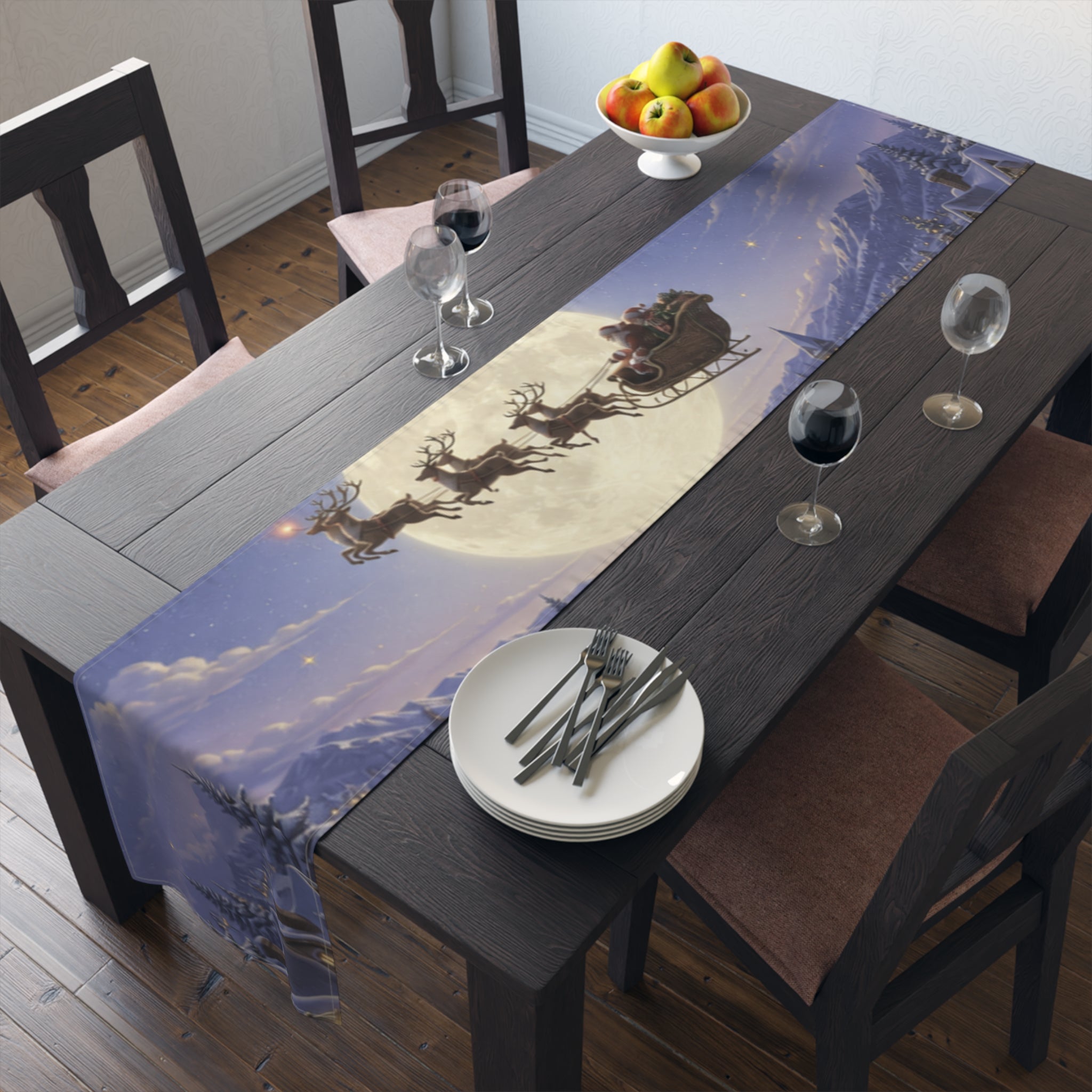 Santa and Reindeer Moonlit Scene Table Runner