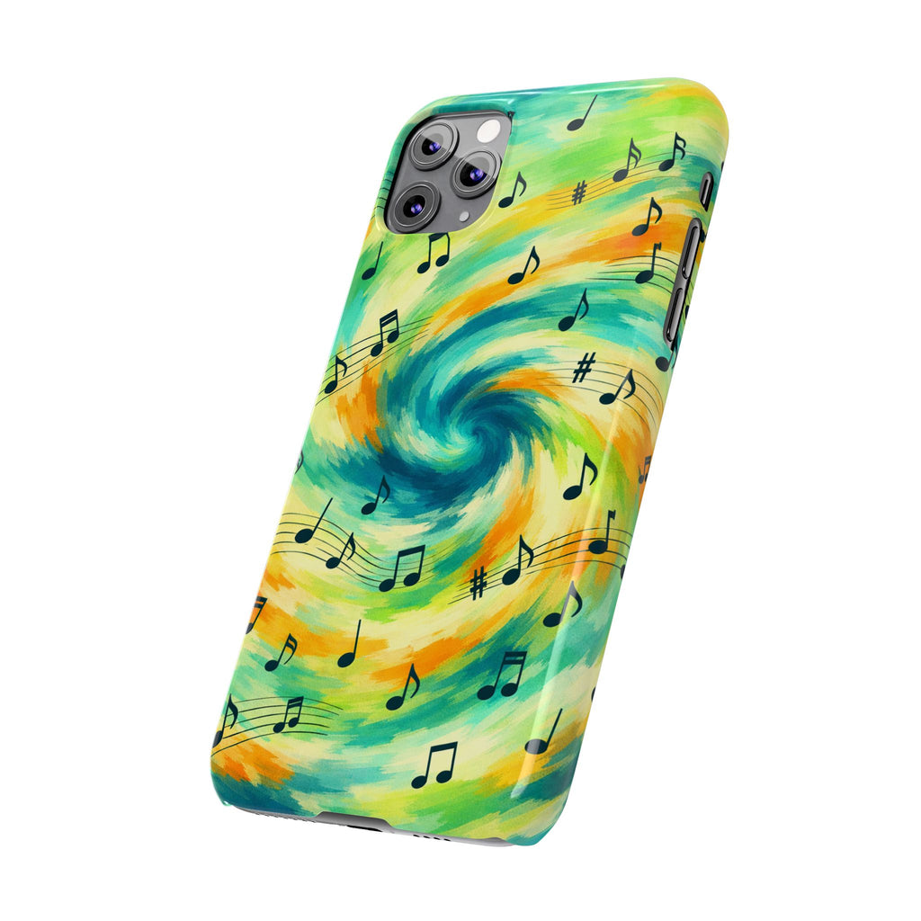 Music Notes Swirl Slim Phone Case | Colorful Turquoise Yellow Galaxy
