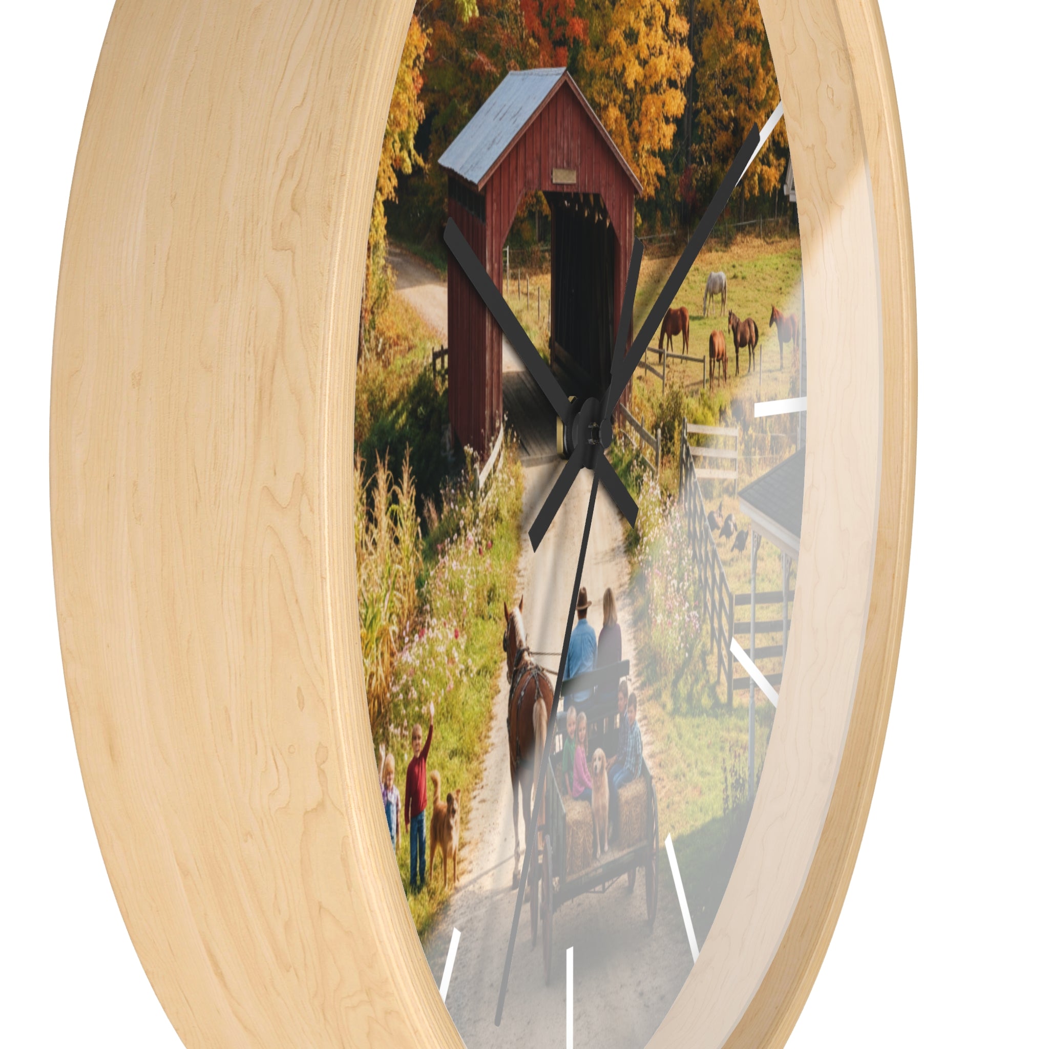 Autumn Covered Bridge Wall Clock / Country Wagon & Fall Scenery