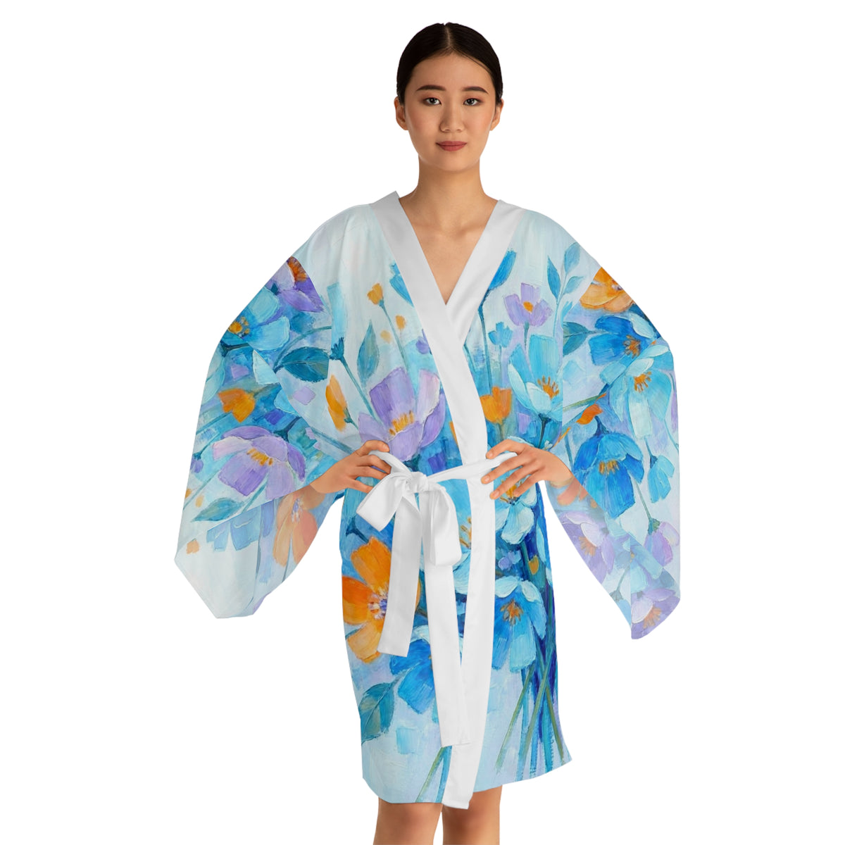 Blue & Orange Floral Kimono Robe - Watercolor Flowers