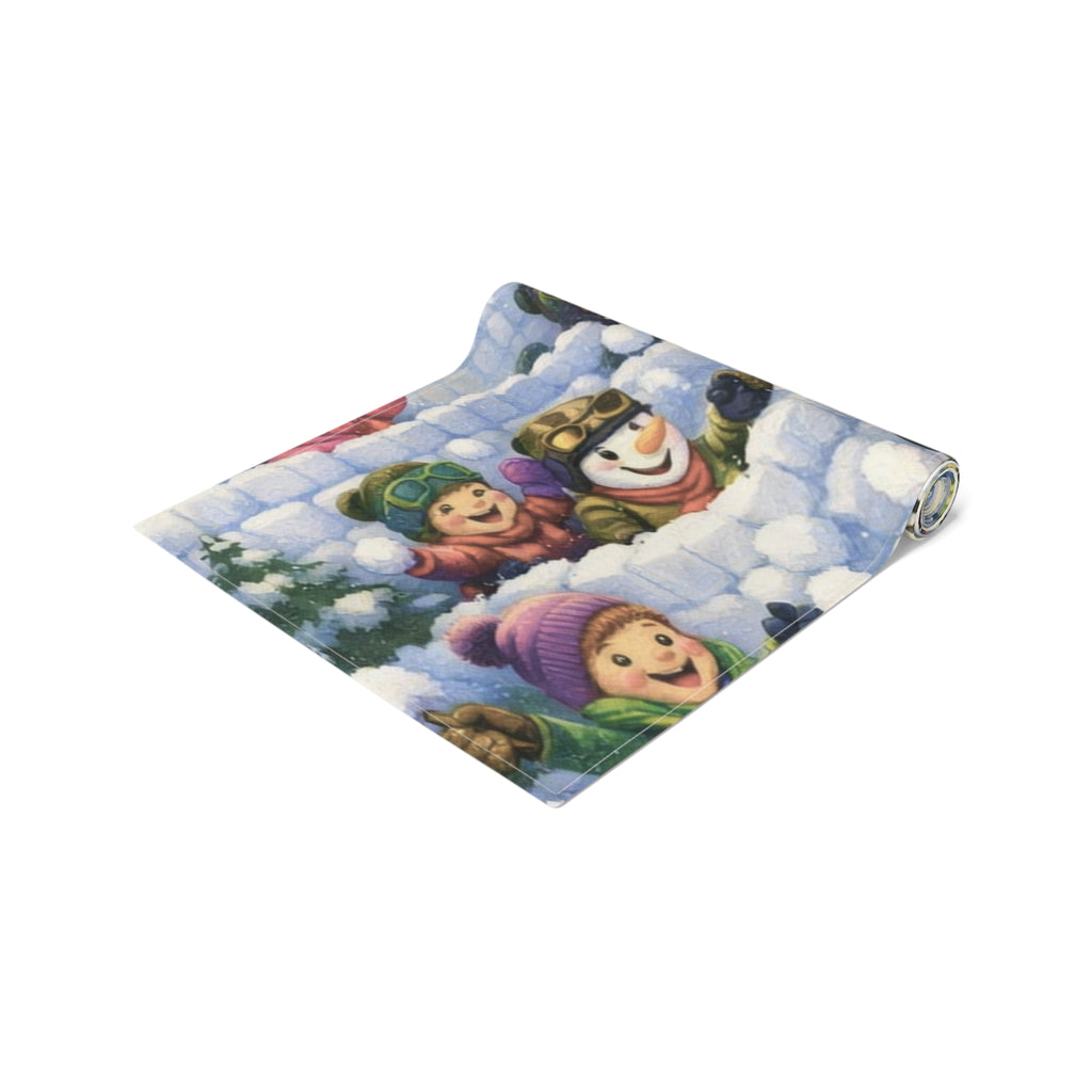 Snowman Winter Scene Table Runner | Holiday Snowball Fight