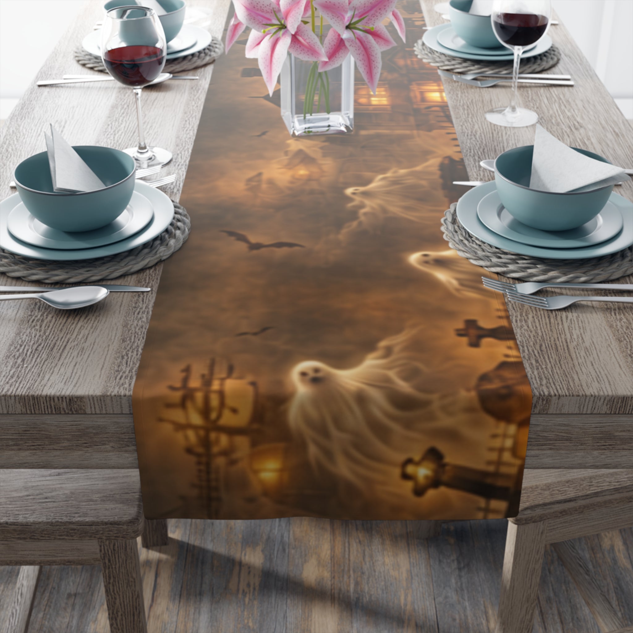 Haunted Victorian House Table Runner | Ghostly Graveyard Halloween