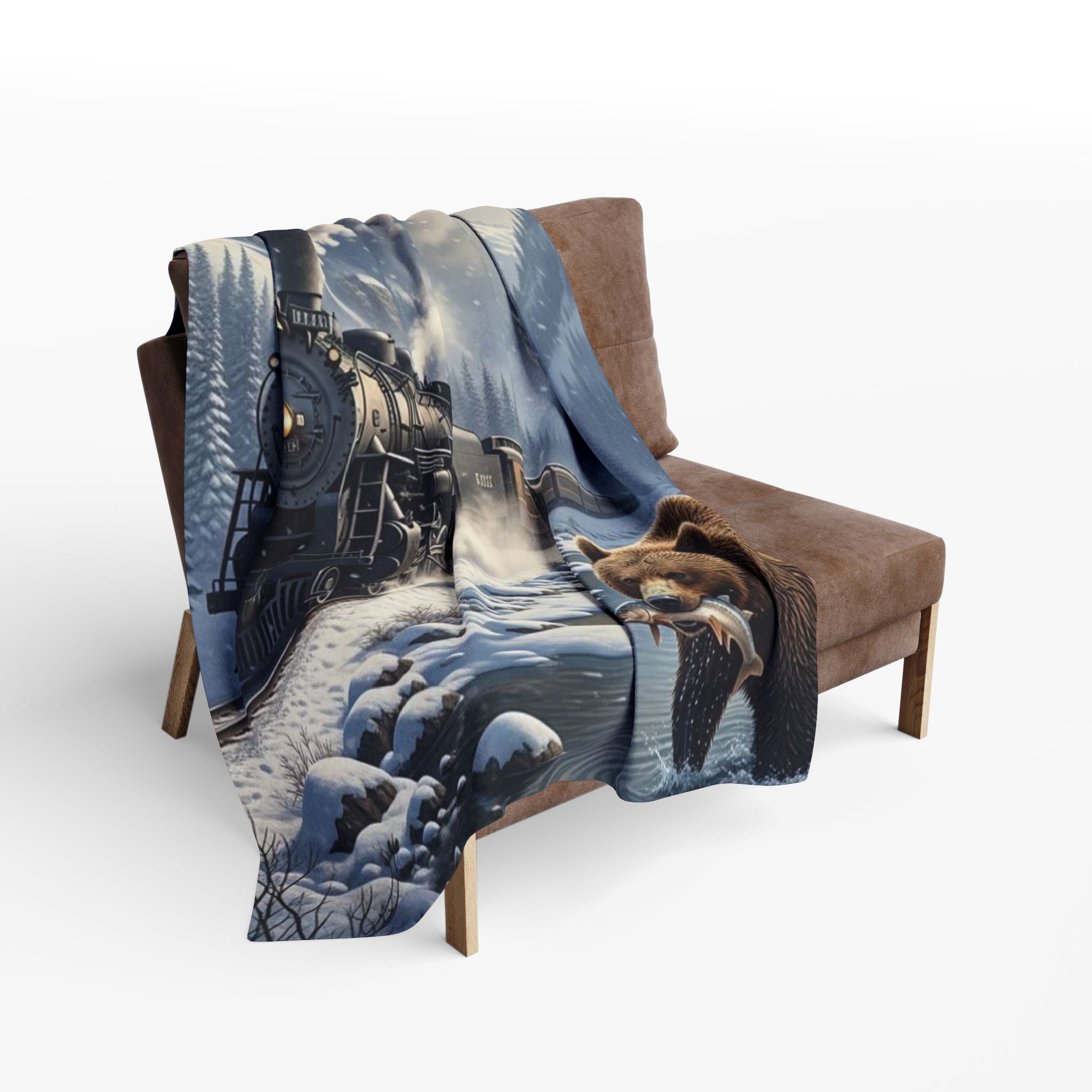 Bear Catching Salmon, Fleece Blanket | Steam Train Winter Landscape