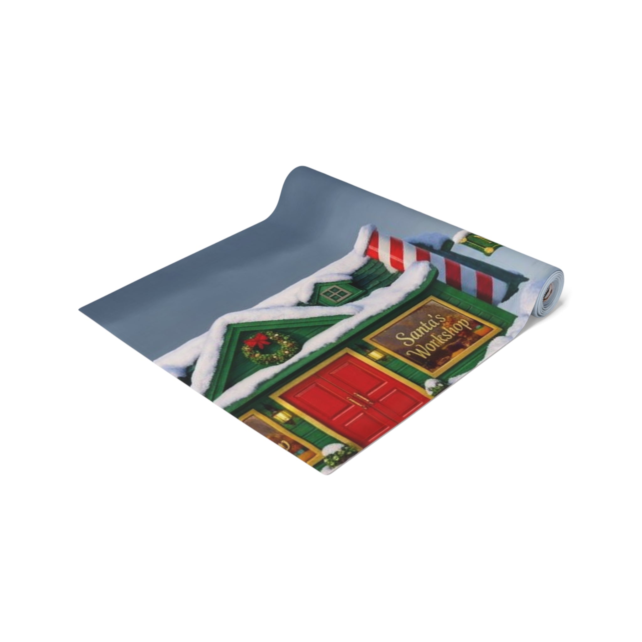 Christmas Village Scene Table Runner | Holiday Snowy Cottage Design