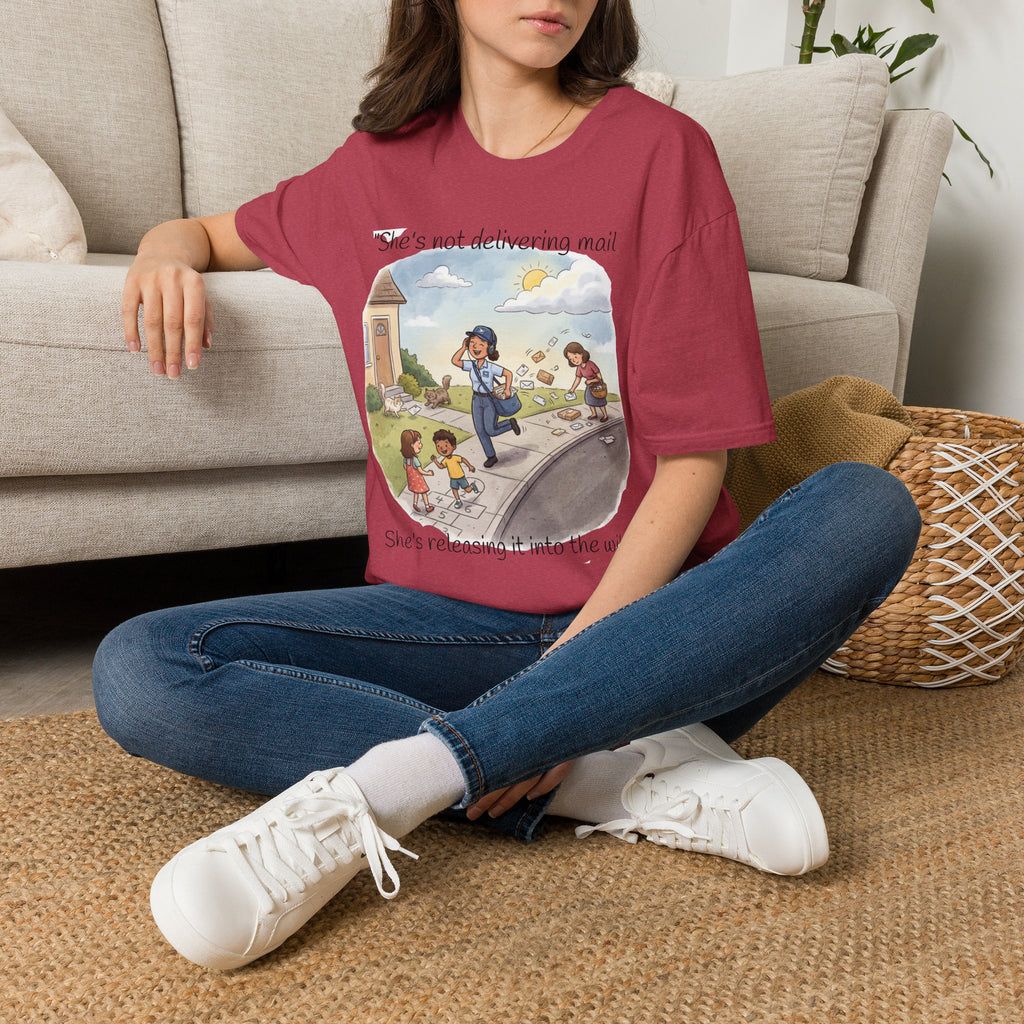 T‑Shirt – "She’s not delivering mail, she’s delivering a little wind" Cute Postal Worker Illustration Tee