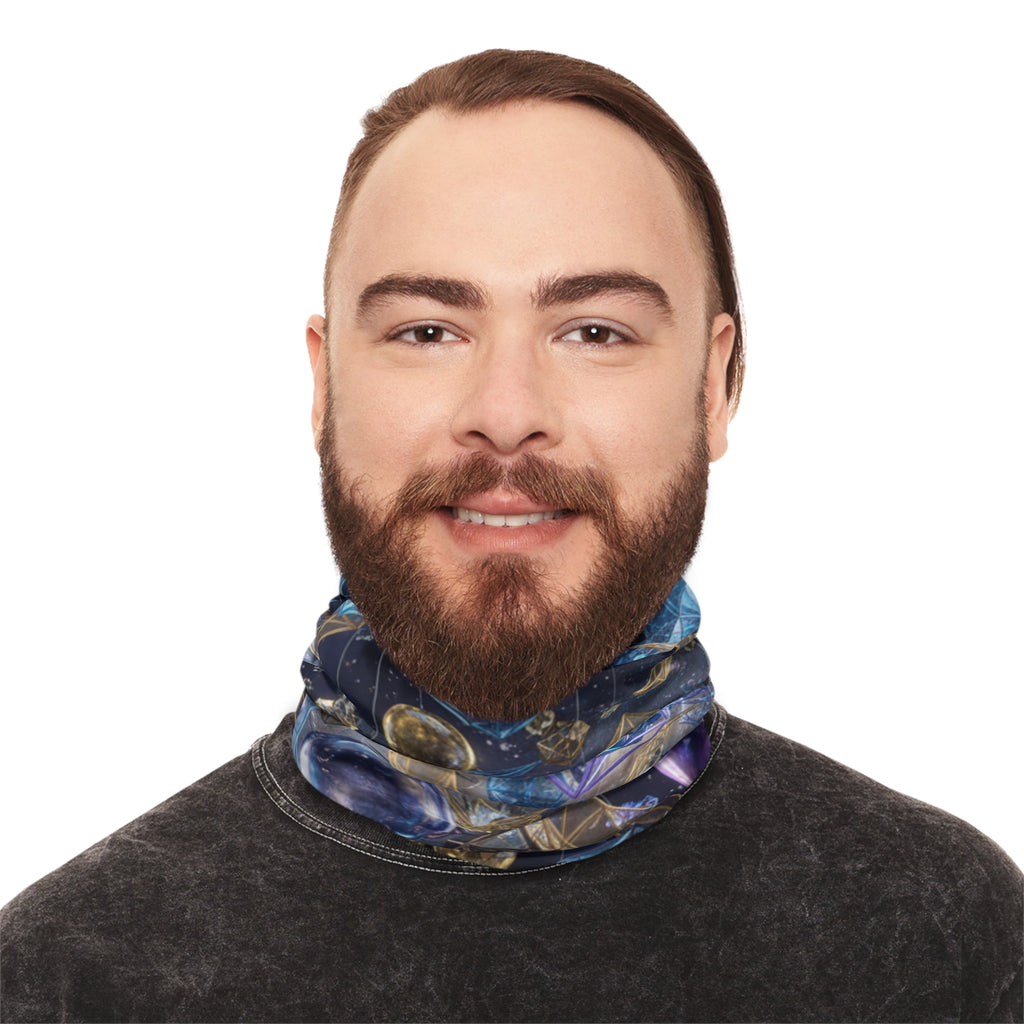 Cosmic Geometry Neck Gaiter | Celestial Moon & Crystal Orbs