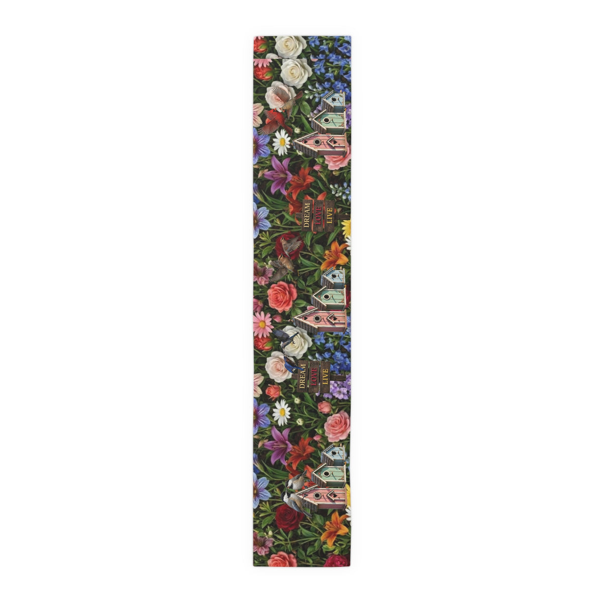 Floral Garden Birds Table Runner | Cottage Garden Birdhouse & Floral Decor