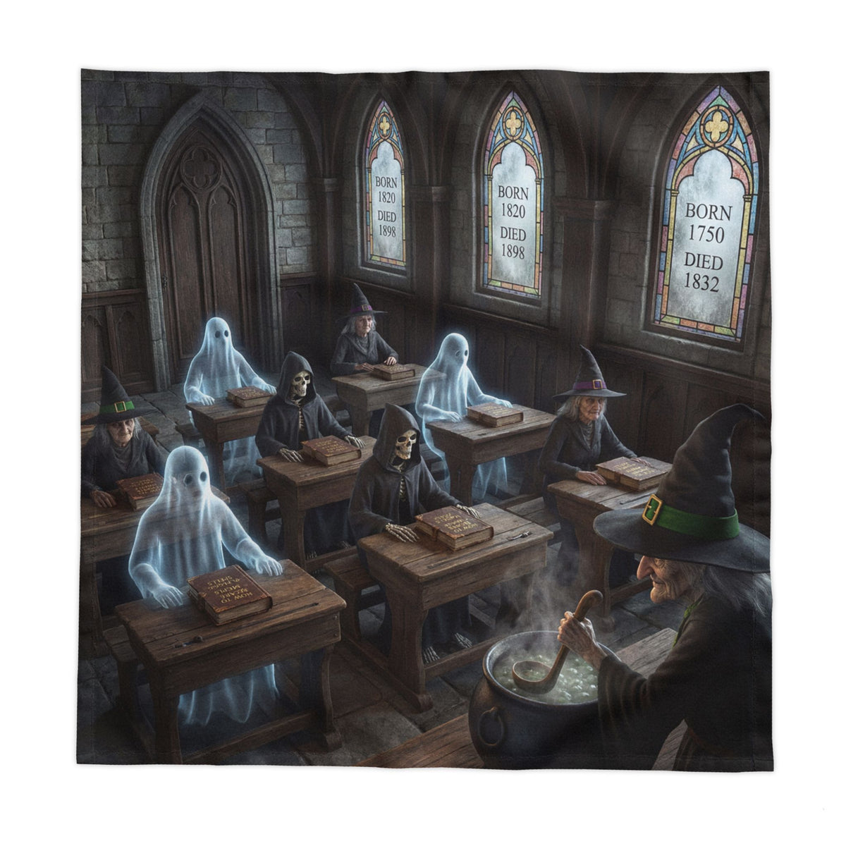 Witch School Tablecloth | Ghost Students & Cauldron Scene – Halloween Table Decor