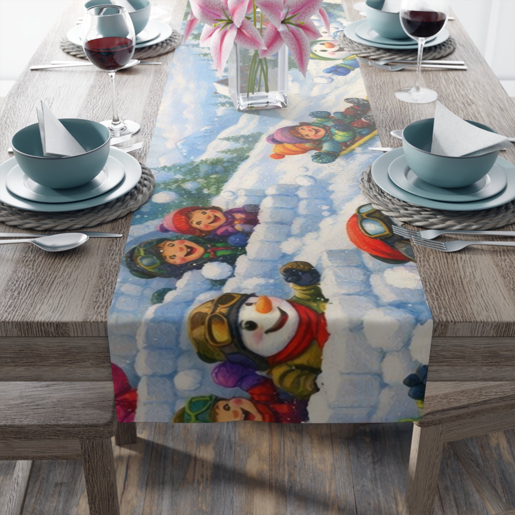 Snowman Winter Scene Table Runner | Holiday Snowball Fight