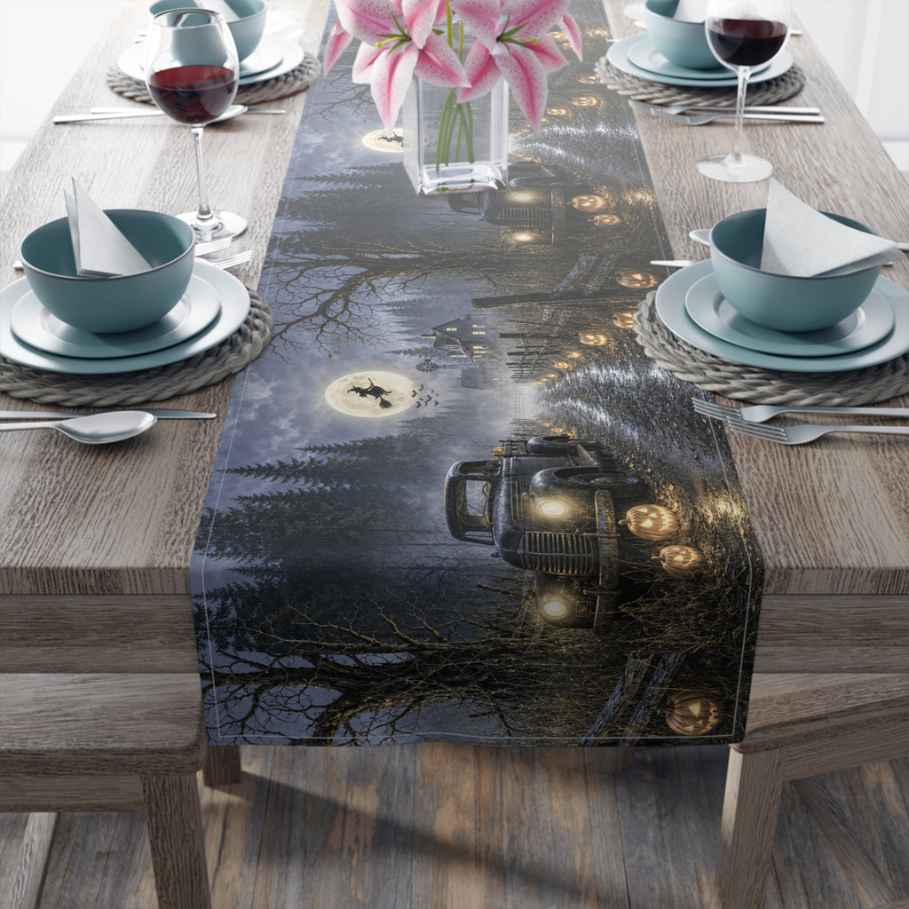 Spooky Truck Halloween Table Runner | Pumpkin Lined Road, Full Moon