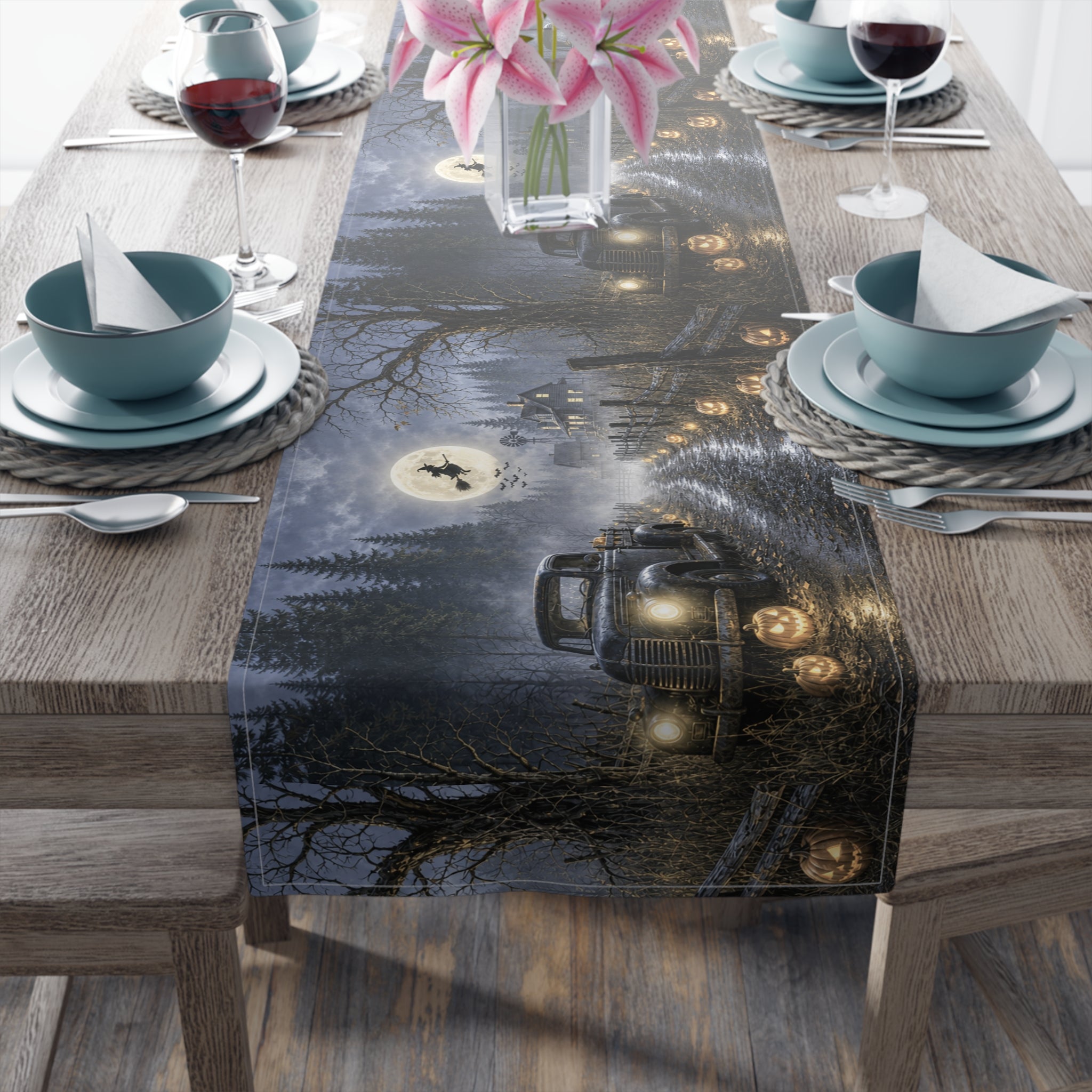 Spooky Truck Halloween Table Runner | Pumpkin Lined Road, Full Moon