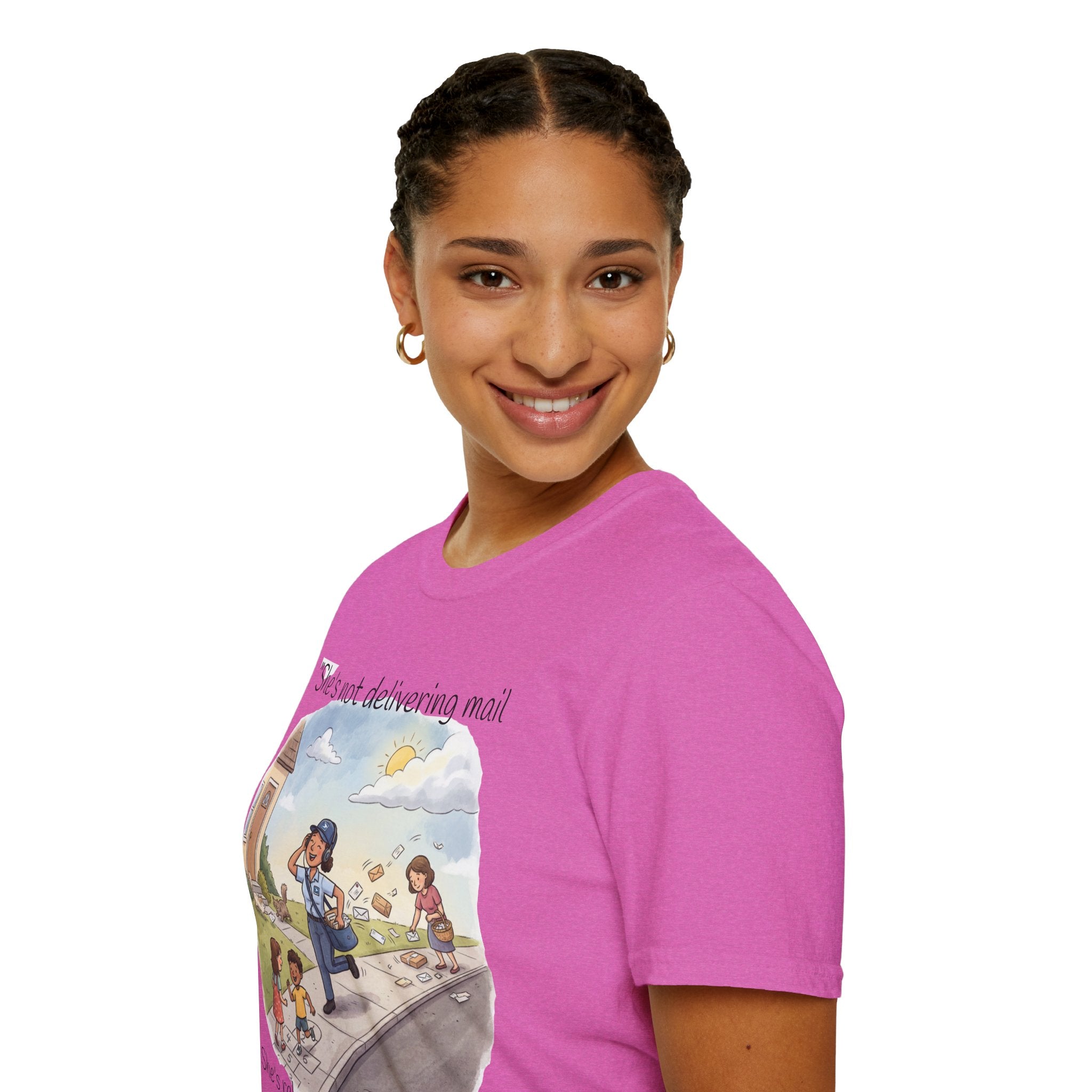 T‑Shirt – "She’s not delivering mail, she’s delivering a little wind" Cute Postal Worker Illustration Tee