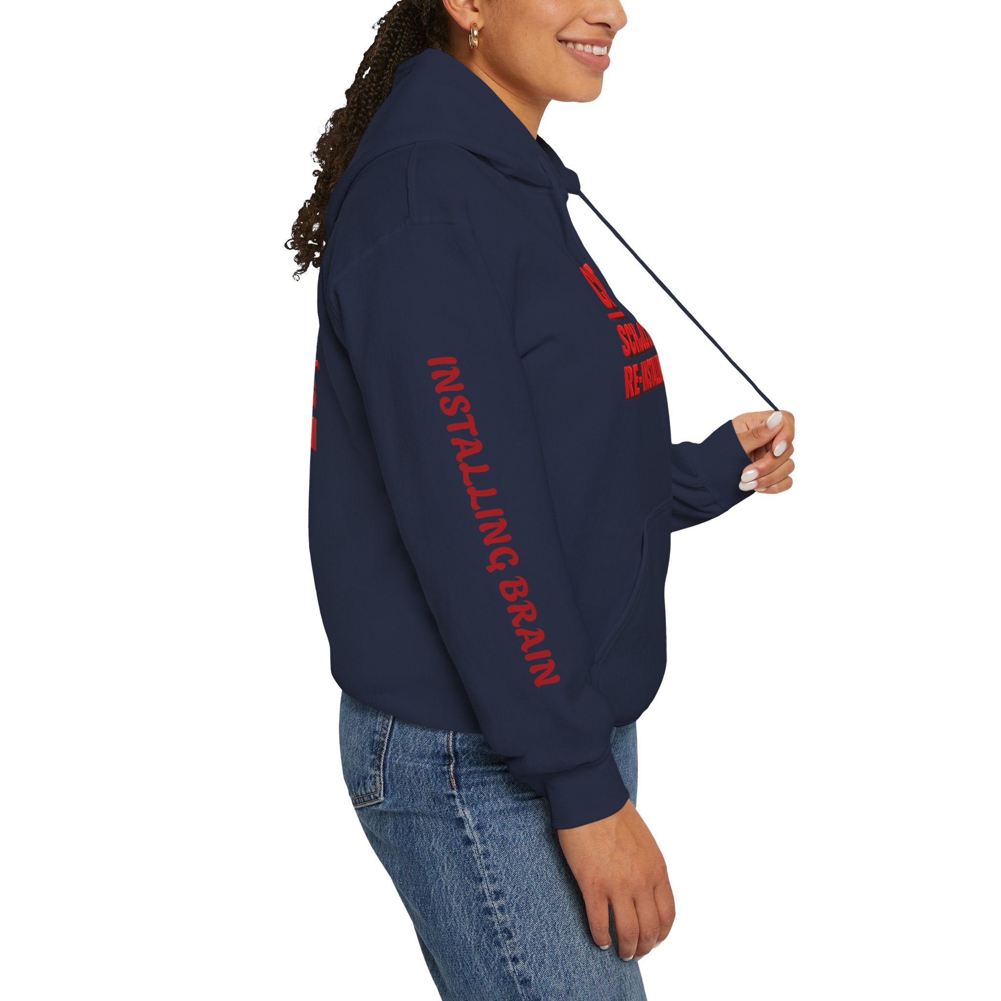 Hoodie — "CAUTION: Schools Starting, Re-Installing Brain" Back-to-School Graphic Hoodie