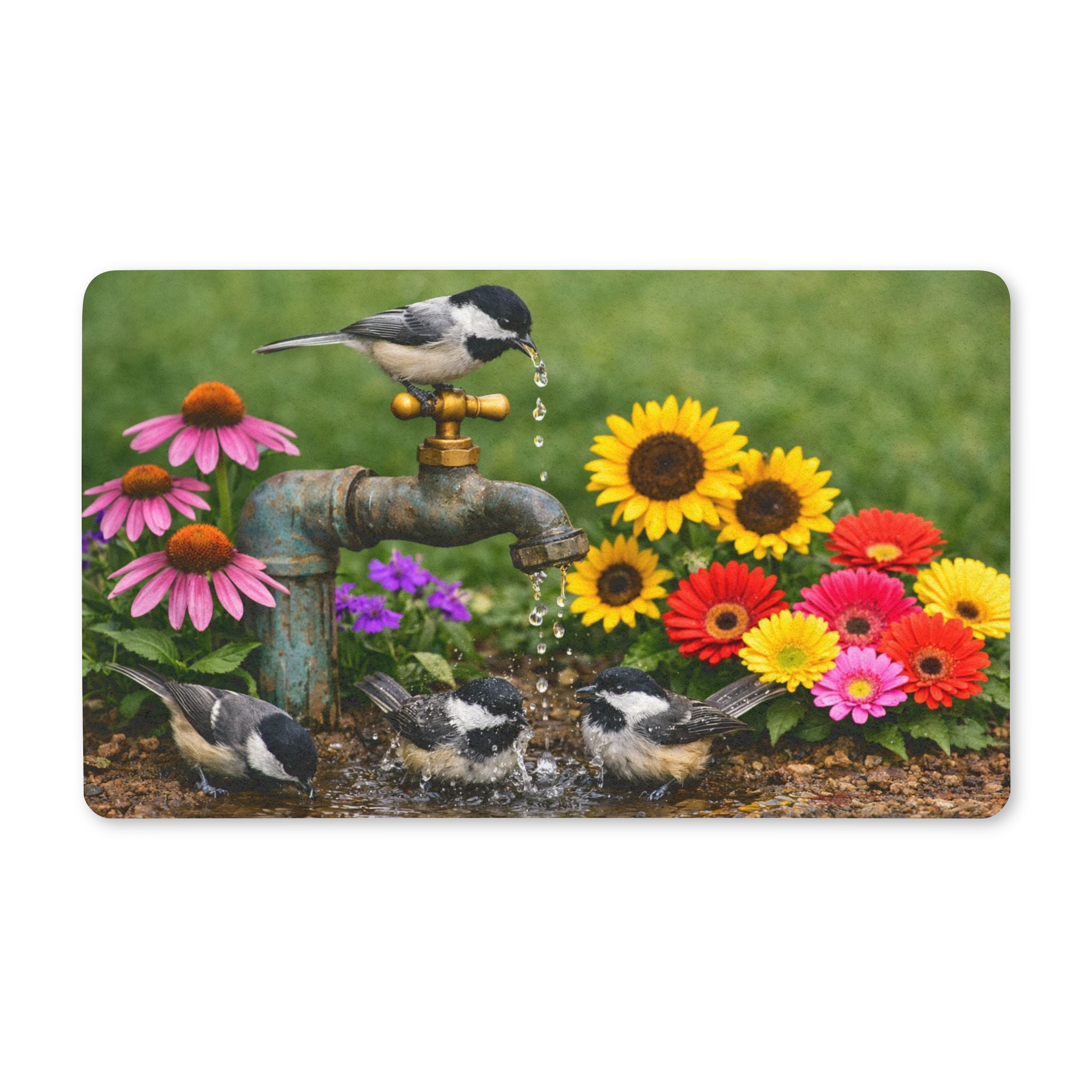 Birds at Garden Faucet Polyester Doormat — Floral Sunflower & Coneflower Welcome Mat