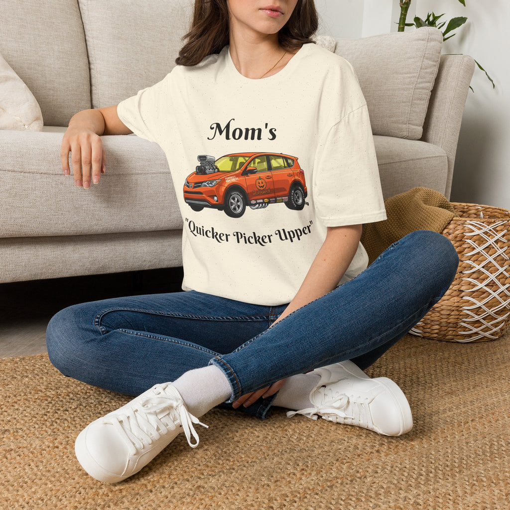 Car Enthusiast T-Shirt — Orange Hot Rod SUV Graphic with “Quicker Picker Upper”