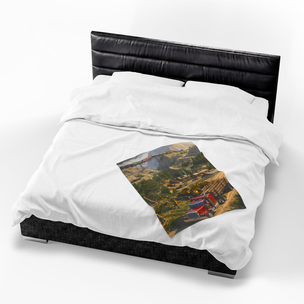 Red Tractor Logging Scene Velveteen Plush Blanket | Quarry Train Illustration
