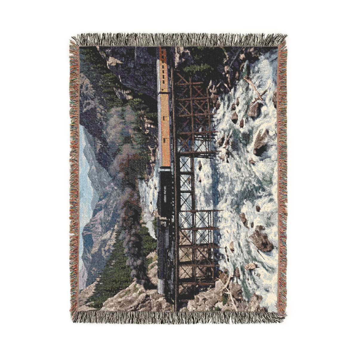 Mountain Train Landscape Woven Blanket | Scenic River Throw
