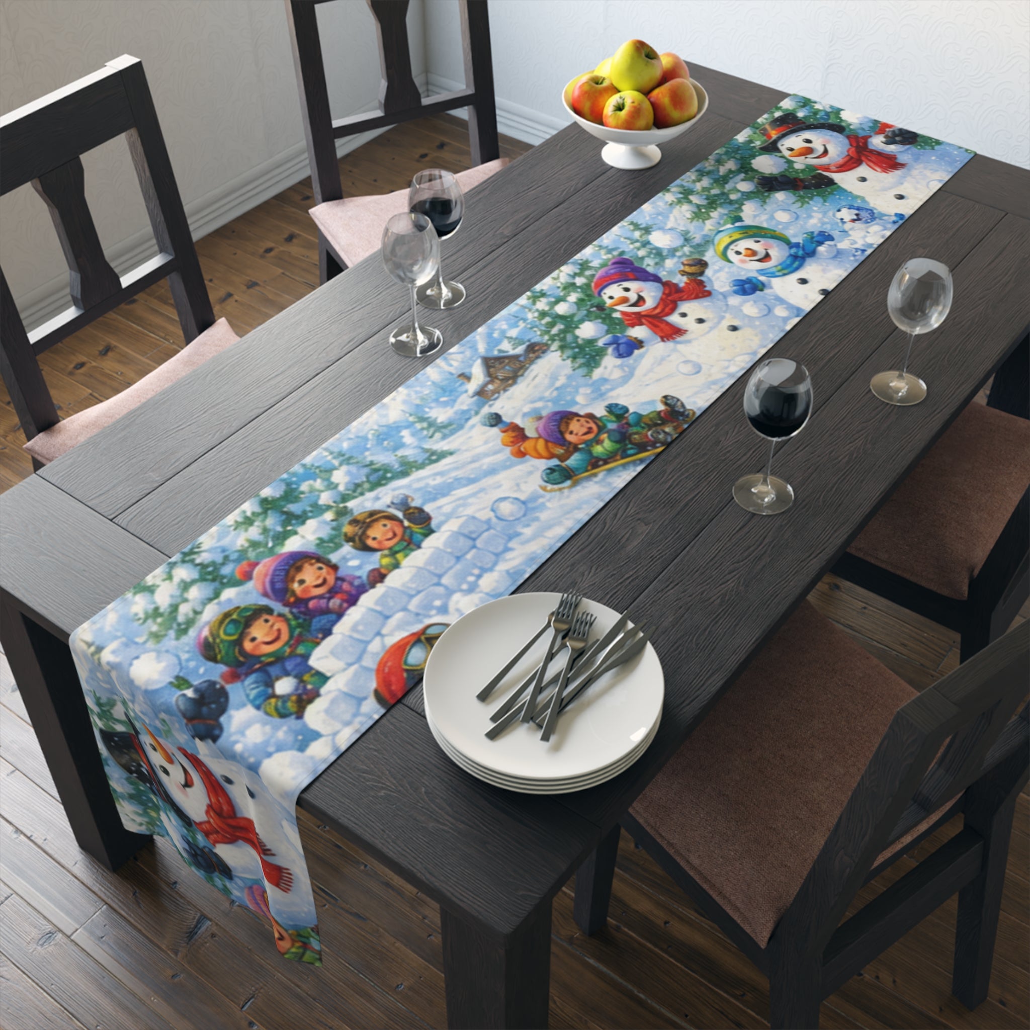 Snowball Fight Snowman Scene Table Runner | Cotton Poly