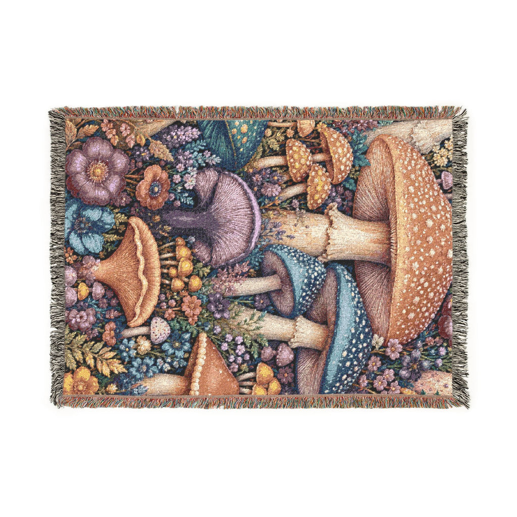 Mushroom Meadow Woven Blanket - Fungi Tapestry Throw