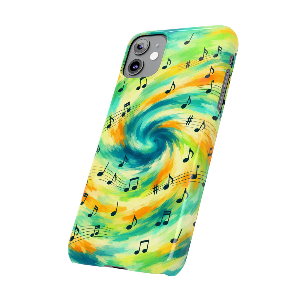 Music Notes Swirl Slim Phone Case | Colorful Turquoise Yellow Galaxy