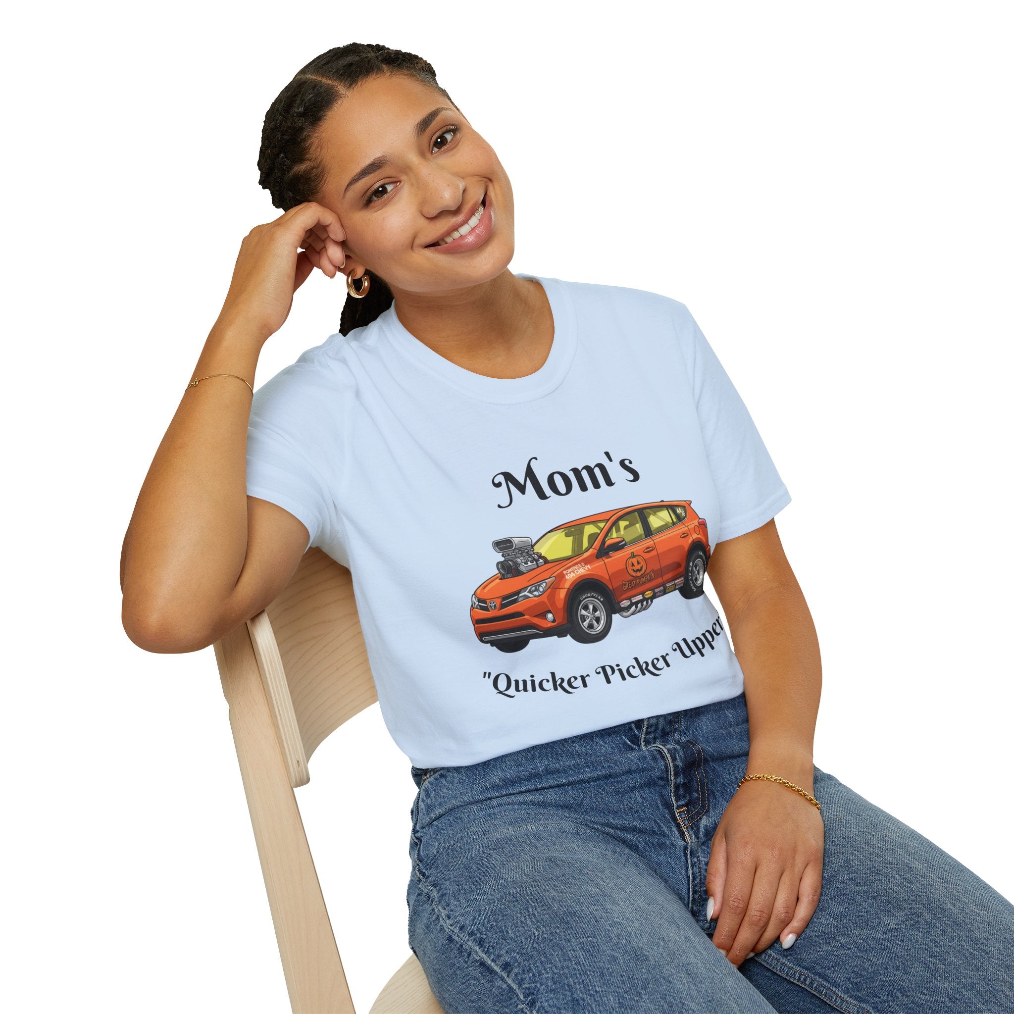 Car Enthusiast T-Shirt — Orange Hot Rod SUV Graphic with “Quicker Picker Upper”