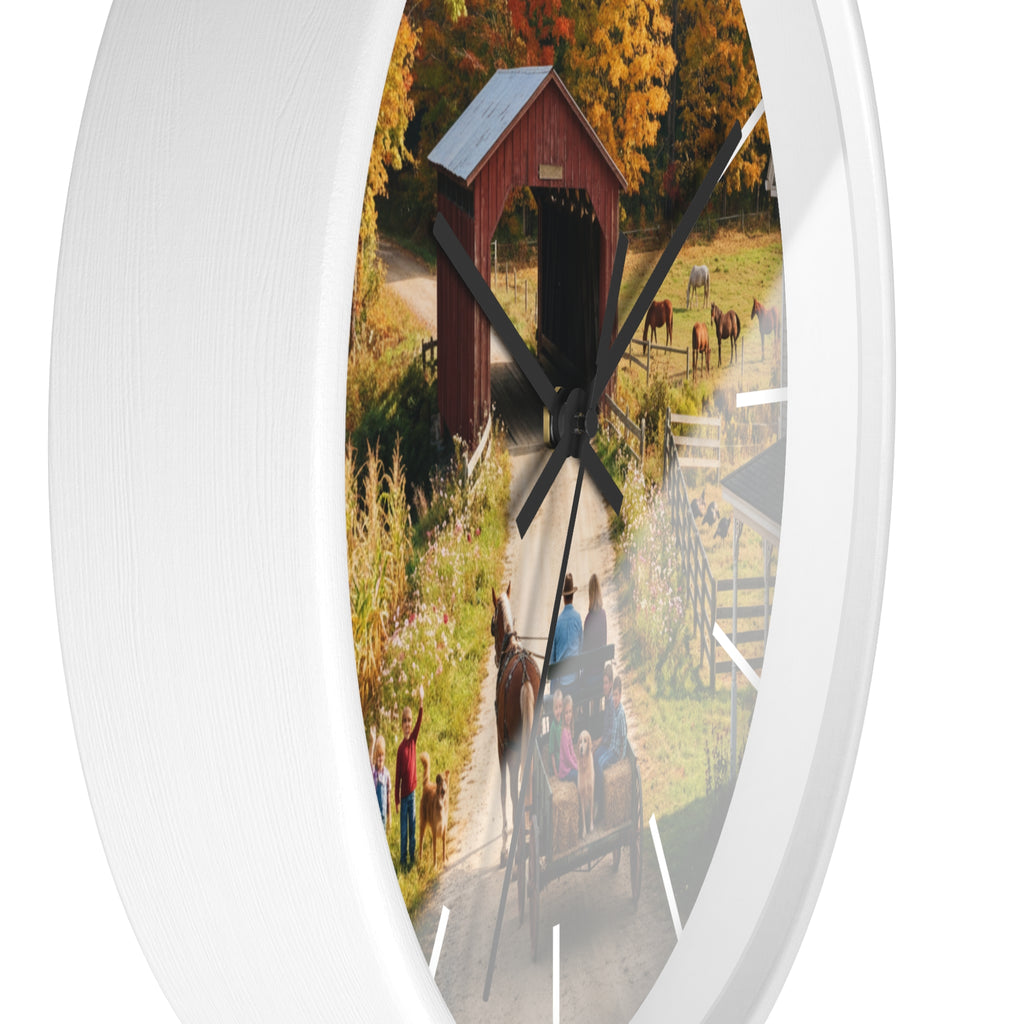 Autumn Covered Bridge Wall Clock / Country Wagon & Fall Scenery