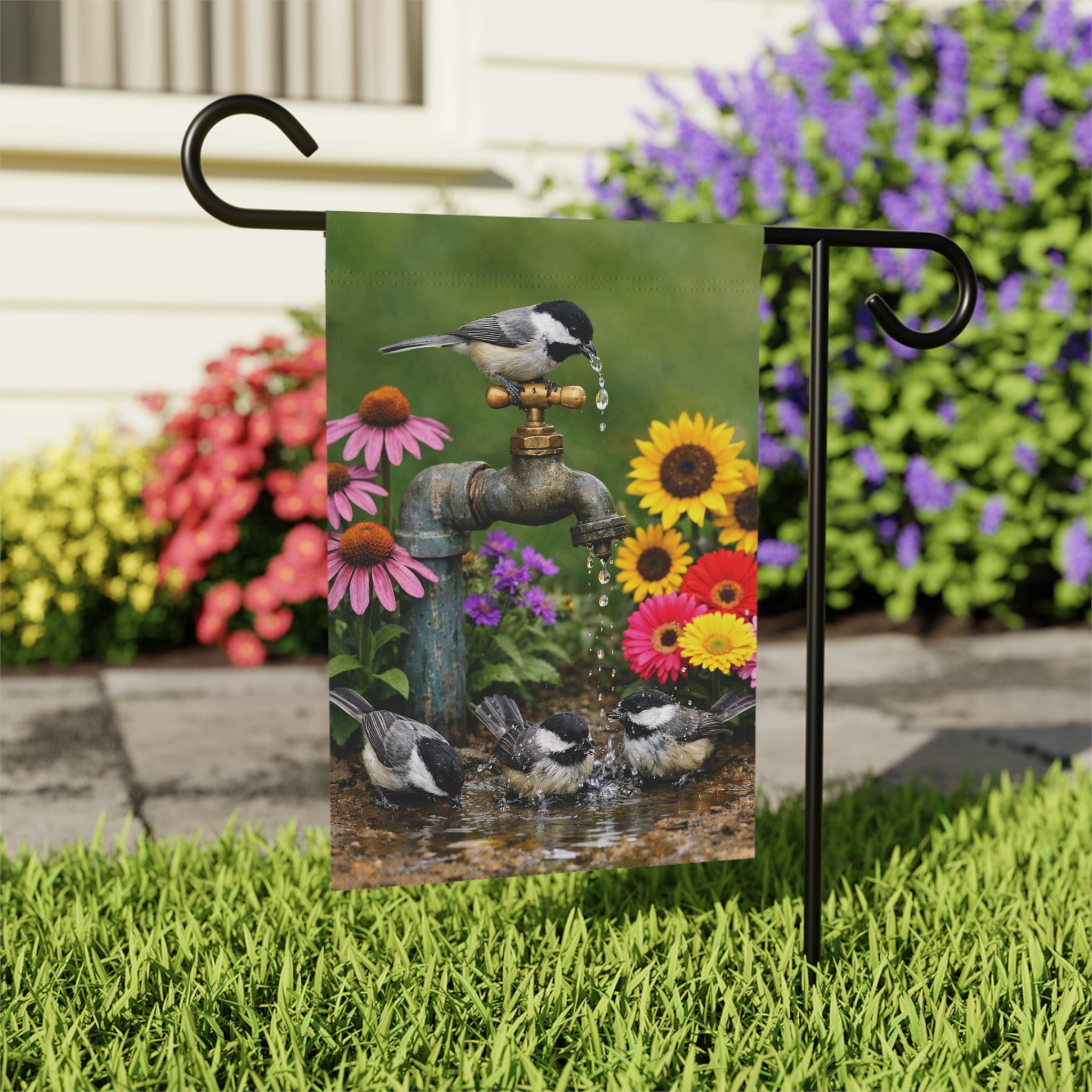 Chickadee Birds on Faucet Garden Flag