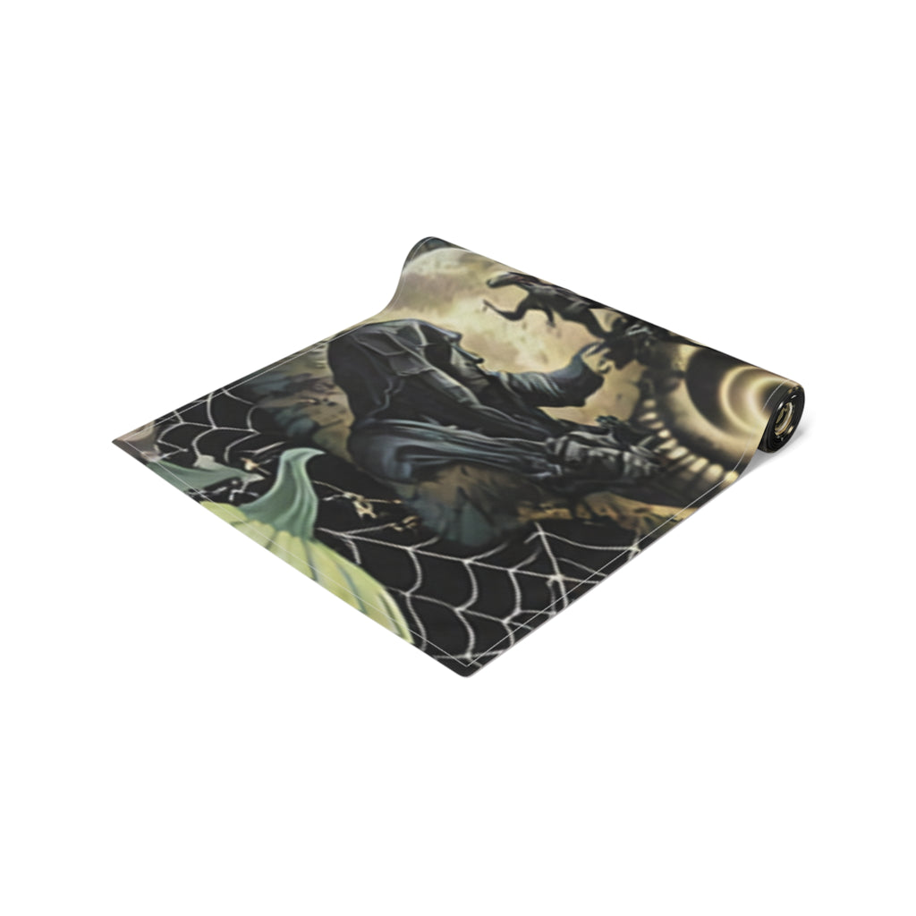 Halloween Spiderweb Table Runner | Full Moon, Bats & Vintage Illustration – Spooky Table Decor