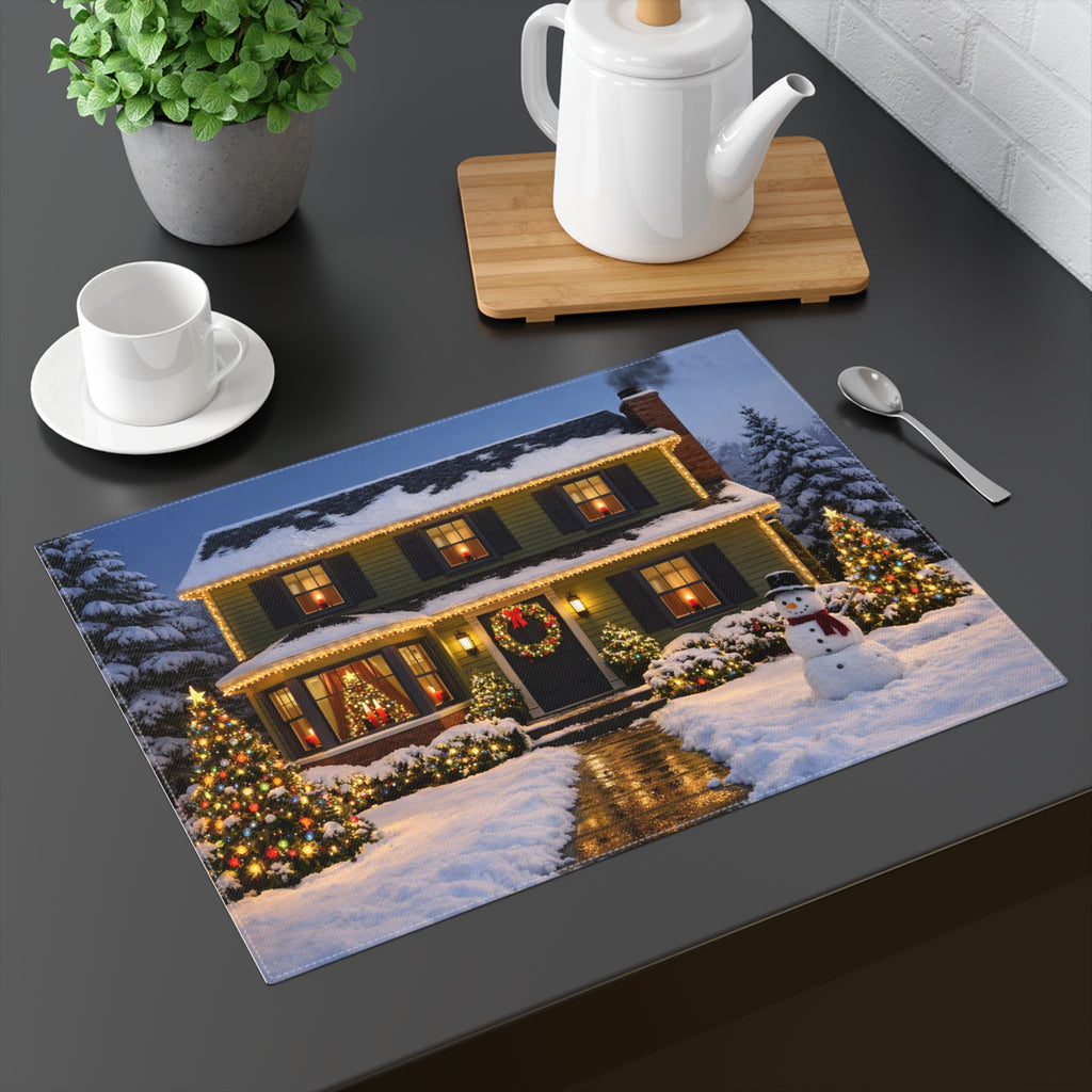 Cozy Snowy House Christmas Placemat | Holiday Winter Scene, Snowman