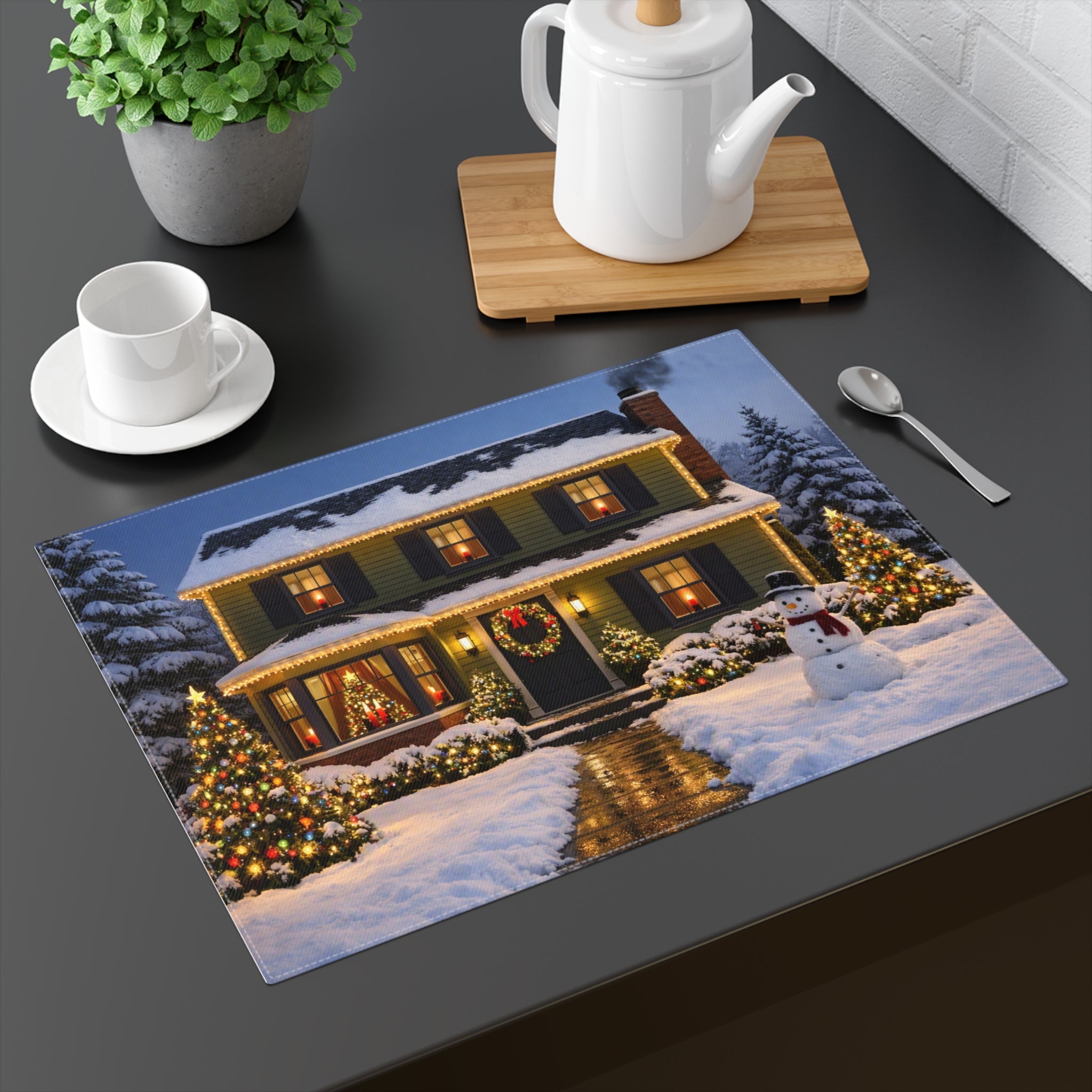 Cozy Snowy House Christmas Placemat | Holiday Winter Scene, Snowman