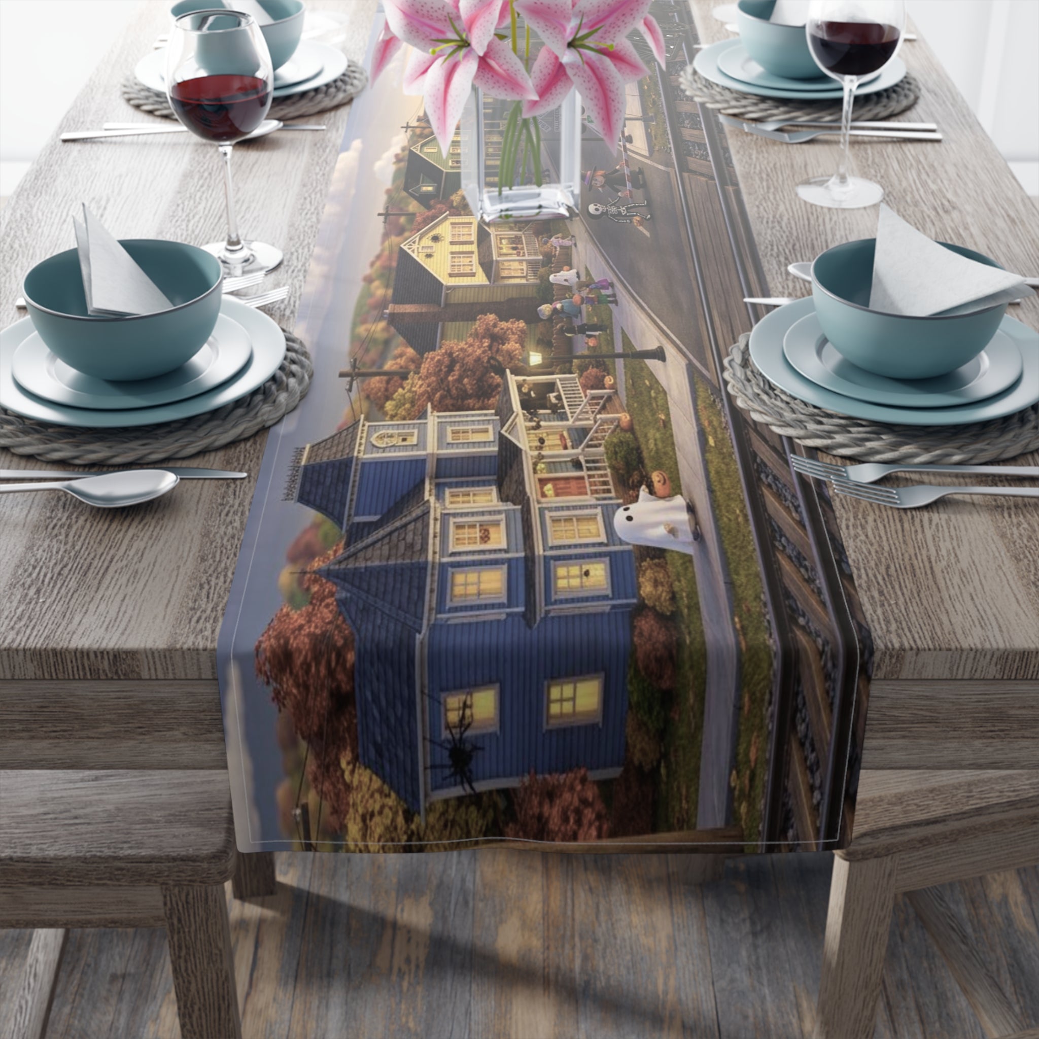 Vintage Steam Train Village Table Runner