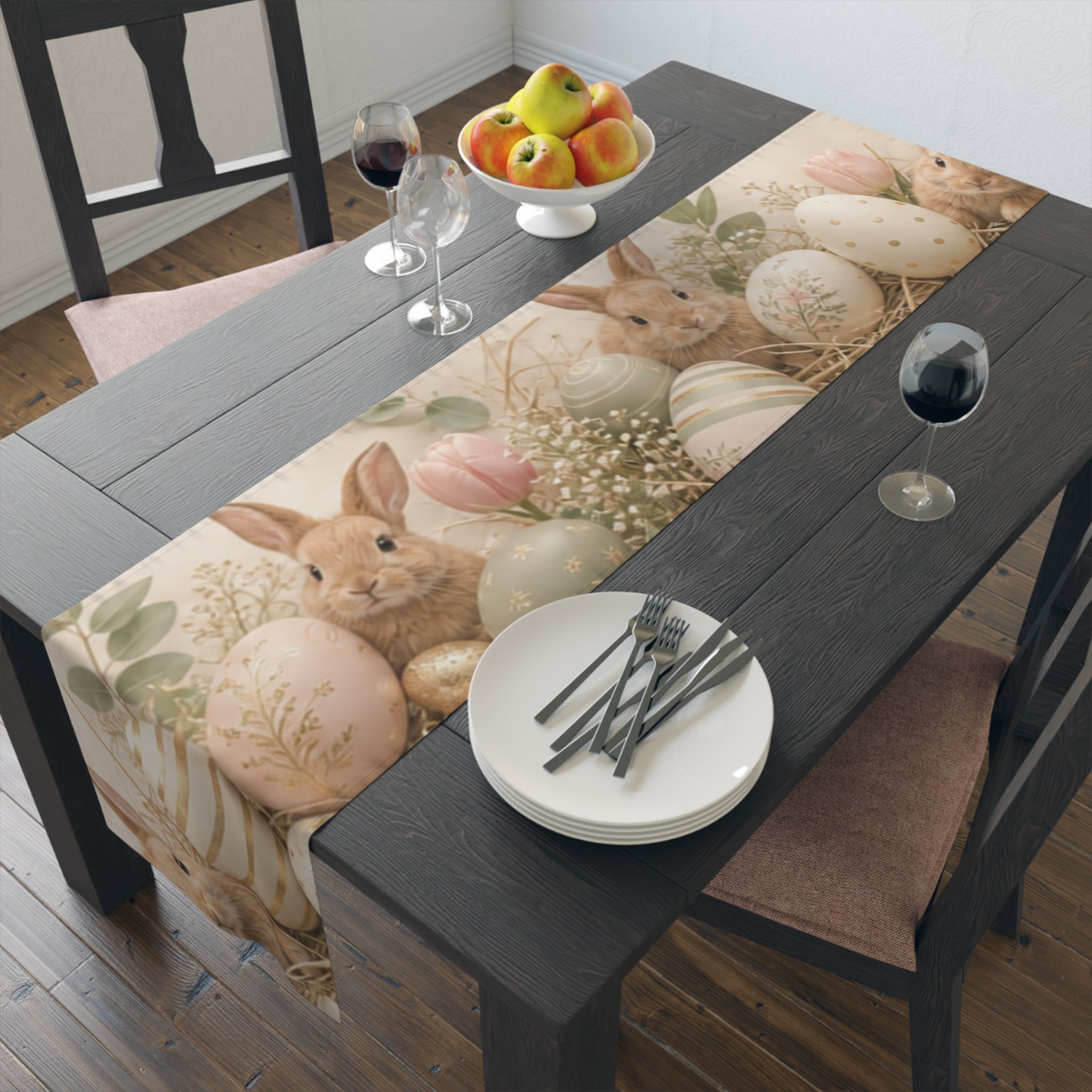 Easter Bunnies and Painted Eggs Table Runner Cotton Poly | Neutral Side
