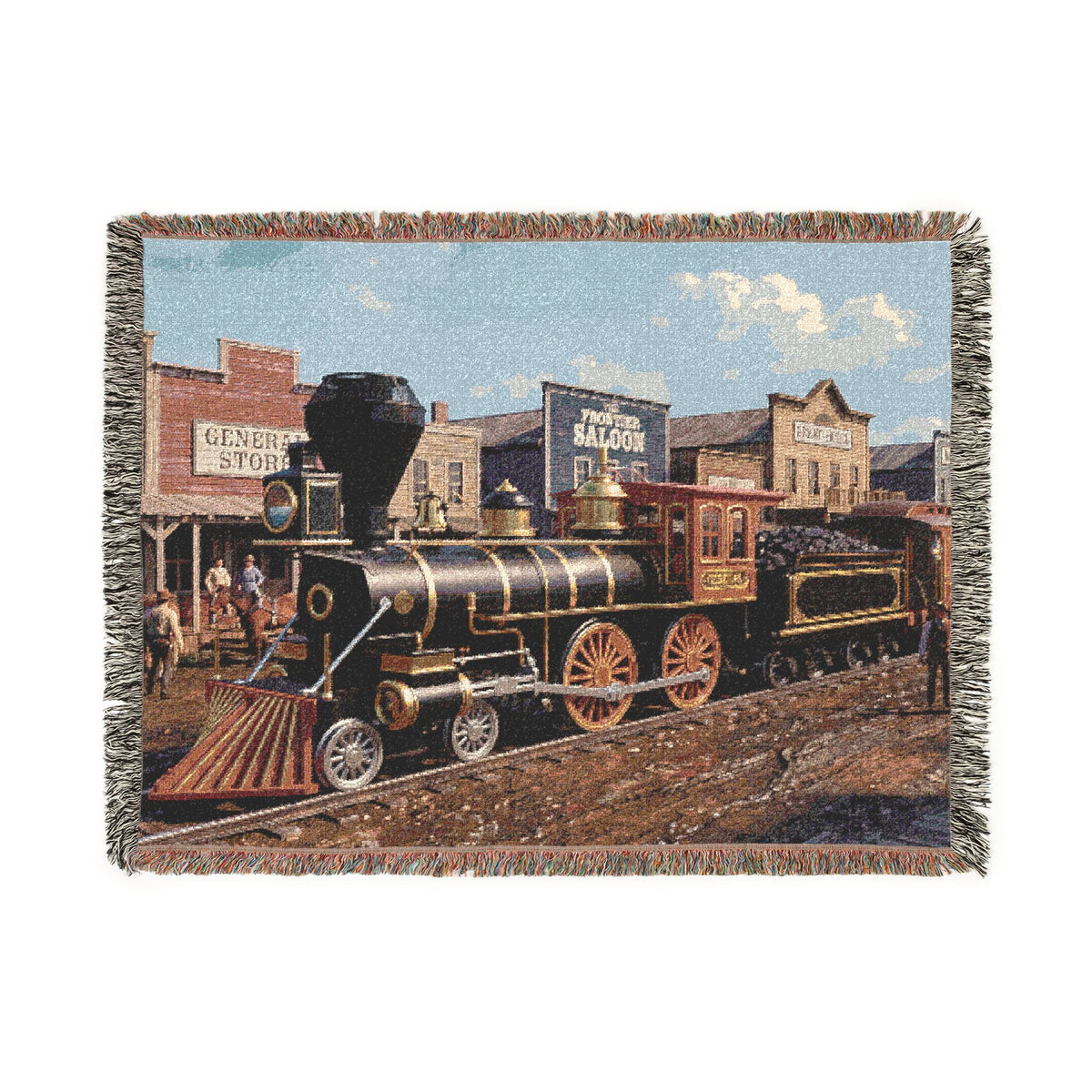 Vintage Steam Locomotive Woven Blanket | Western Town Train Throw
