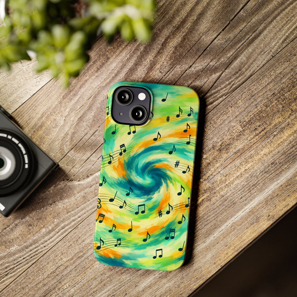 Music Notes Swirl Slim Phone Case | Colorful Turquoise Yellow Galaxy