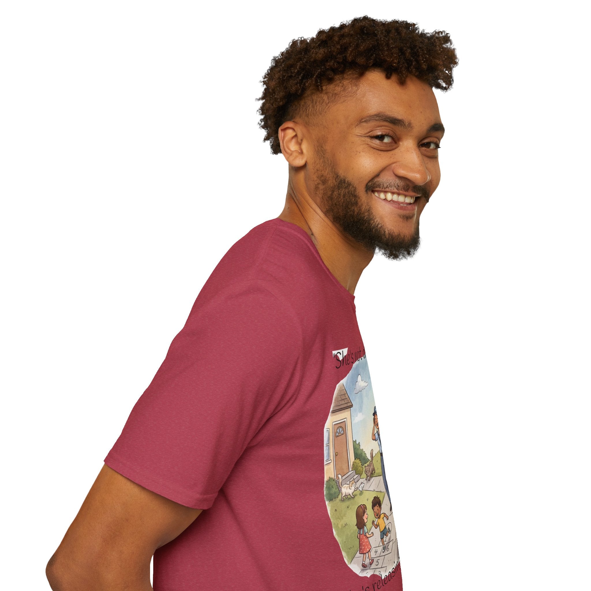 T‑Shirt – "She’s not delivering mail, she’s delivering a little wind" Cute Postal Worker Illustration Tee