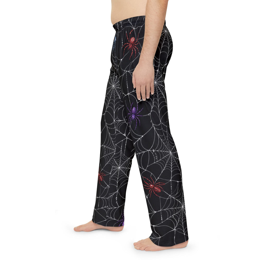 Spiderweb Pajama Pants — Men’s Halloween Lounge Pants with Colorful Spiders