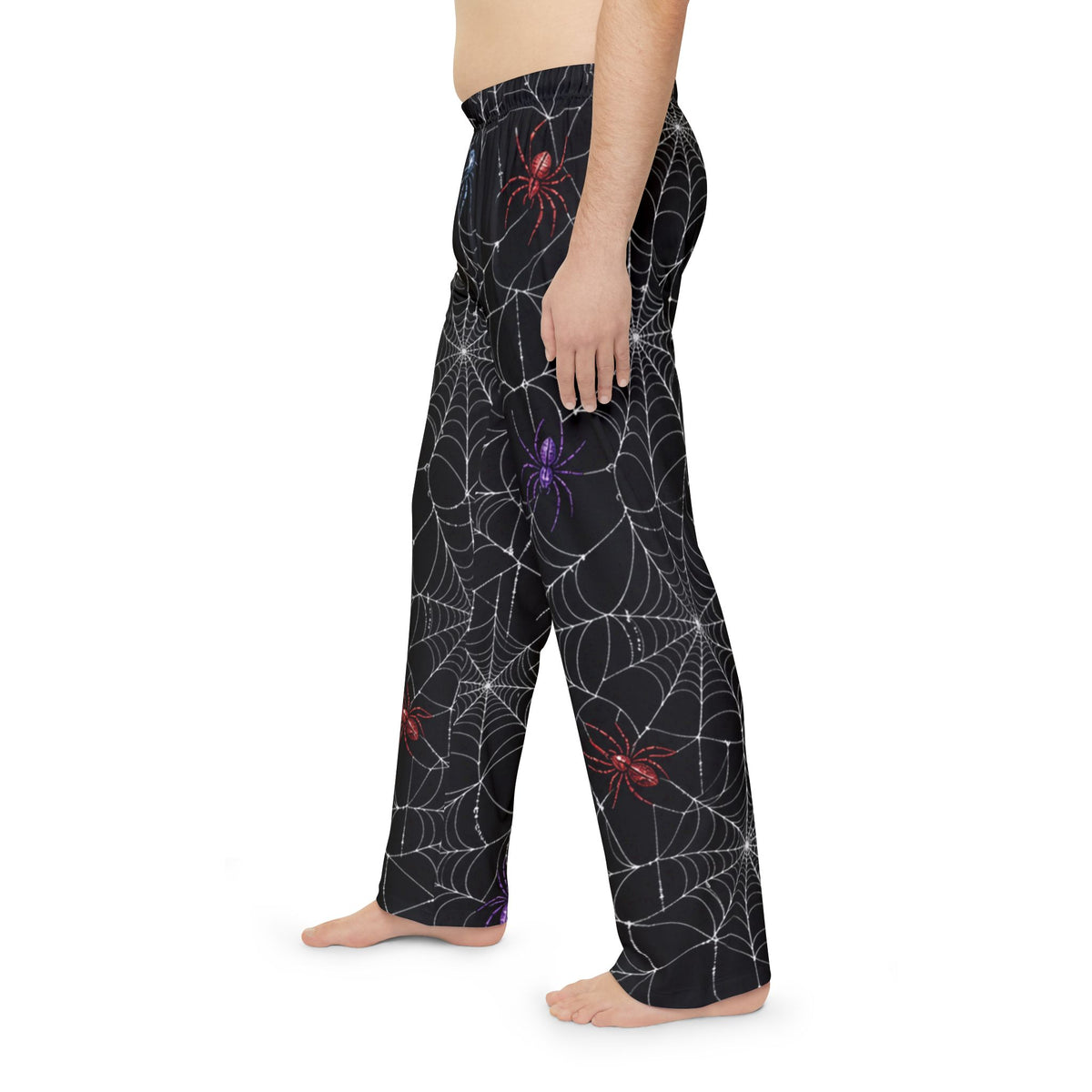 Spiderweb Pajama Pants — Men’s Halloween Lounge Pants with Colorful Spiders