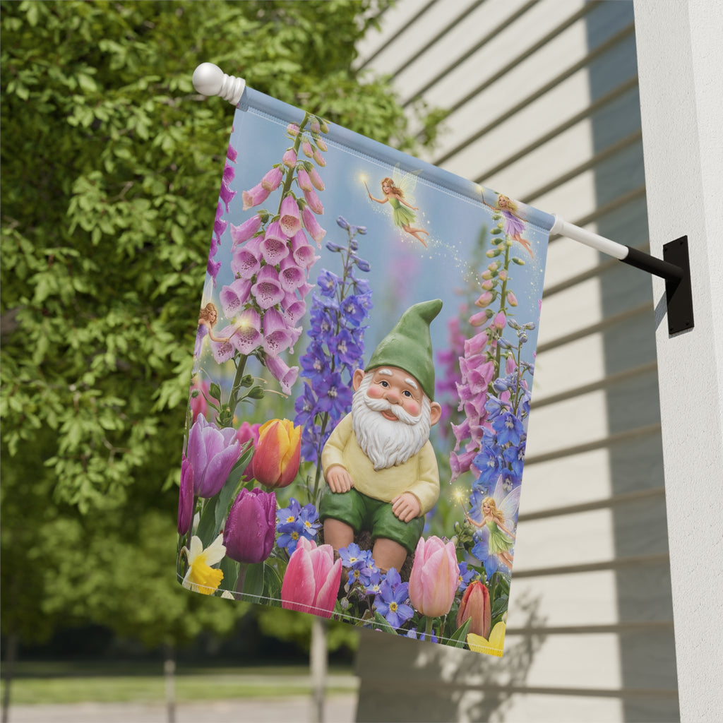 Gnome in Tulip Garden Banner | Garden Flag, Spring Floral Yard Decor