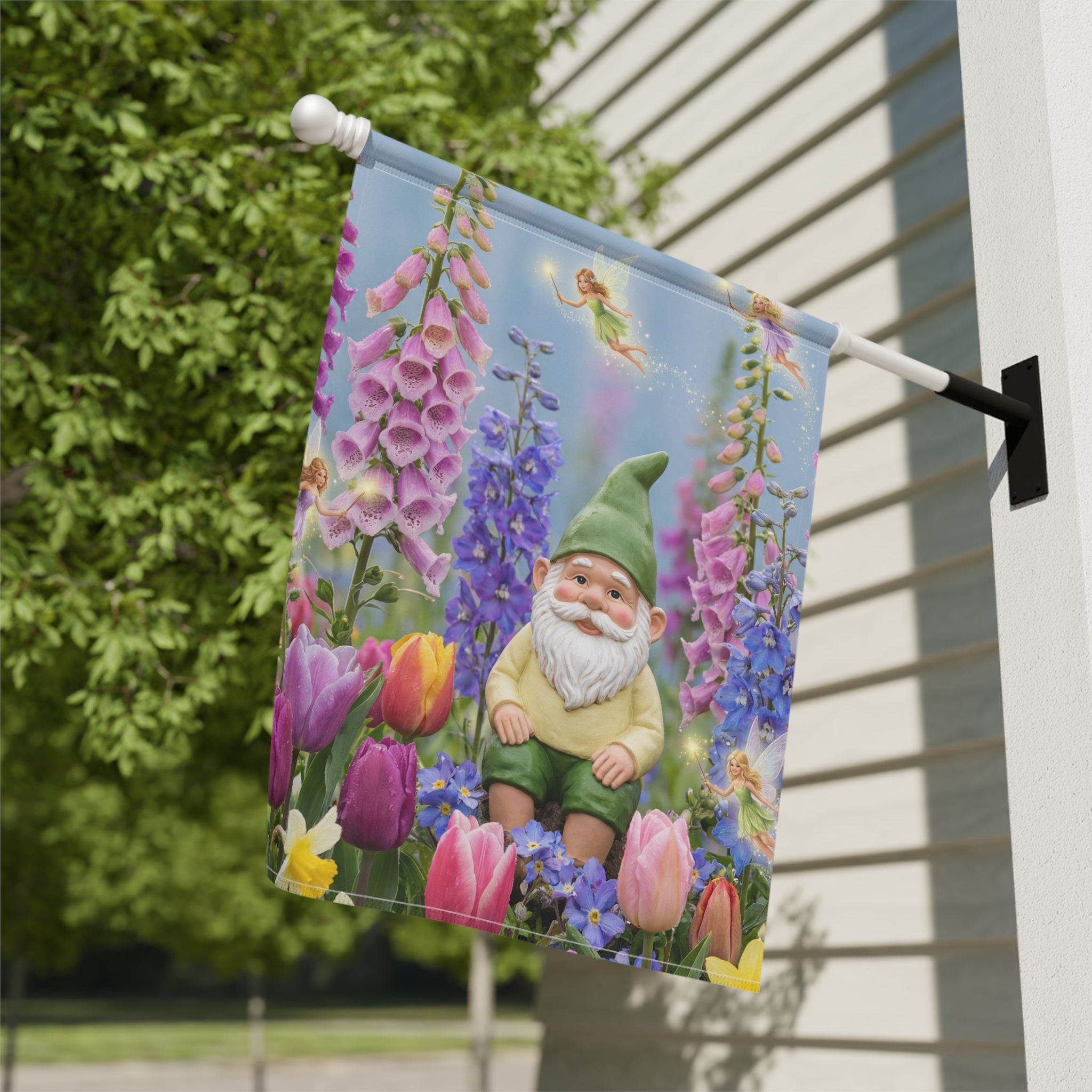 Gnome in Tulip Garden Banner | Garden Flag, Spring Floral Yard Decor