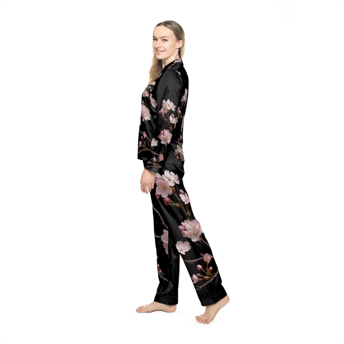 Pink Cherry Blossom Satin Pajamas | Floral Sleepwear Set