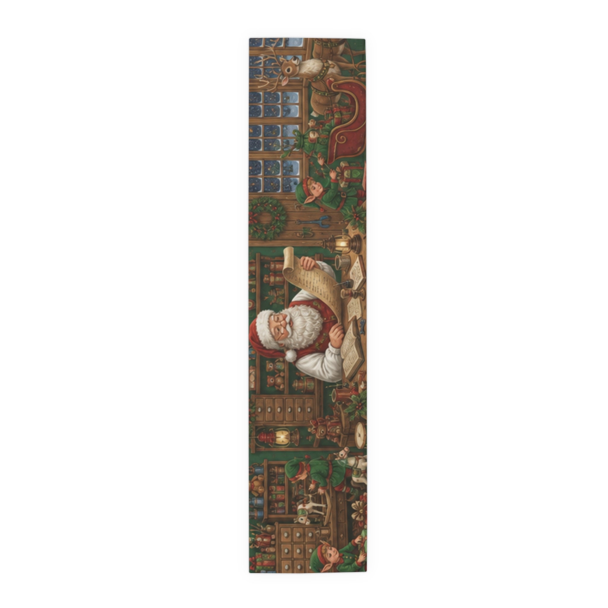 Santas Workshop Scene Table Runner | Santa, Elves & Reindeer Holiday Decor