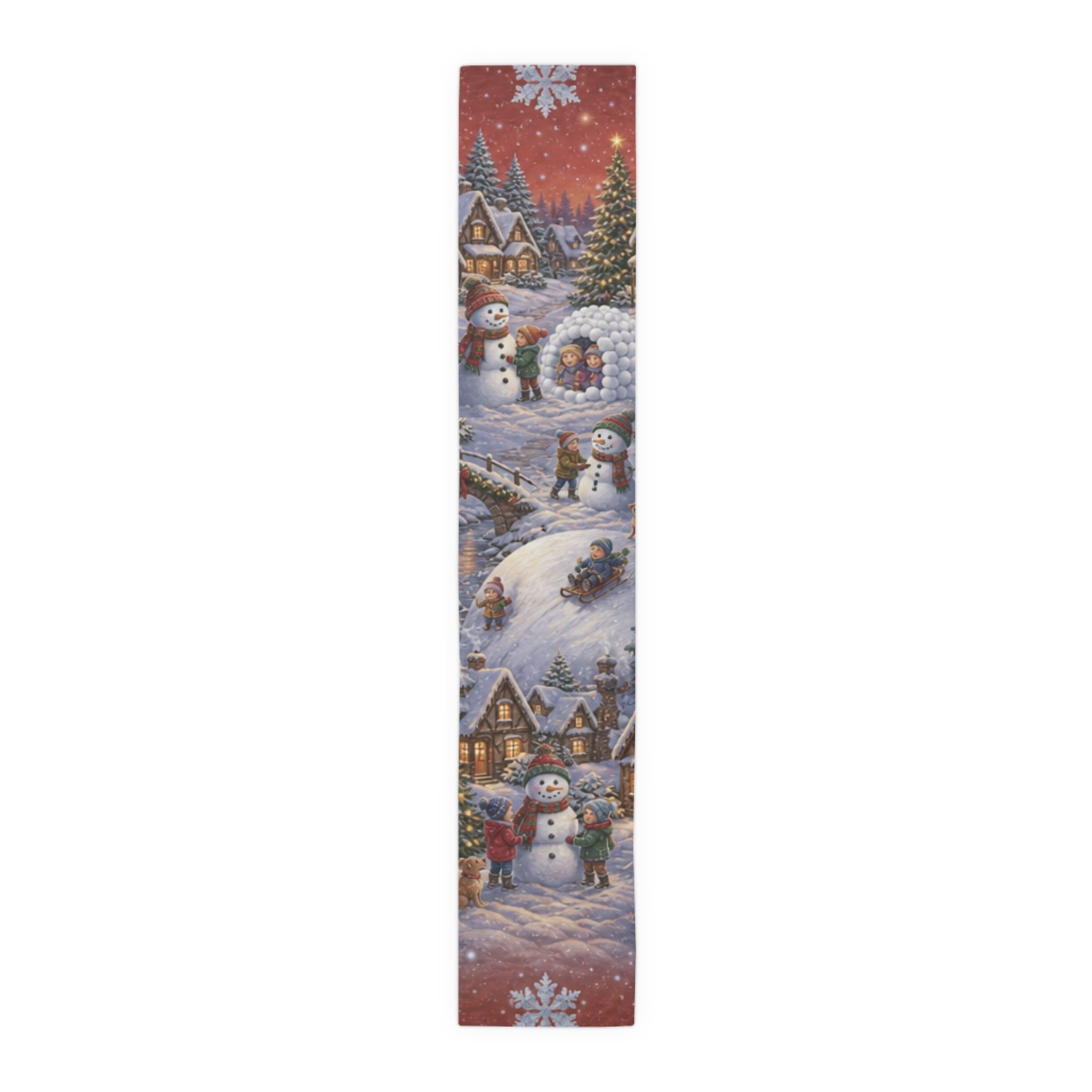 Storybook Snowman Village Table Runner, Winter Wonderland Cotton Poly