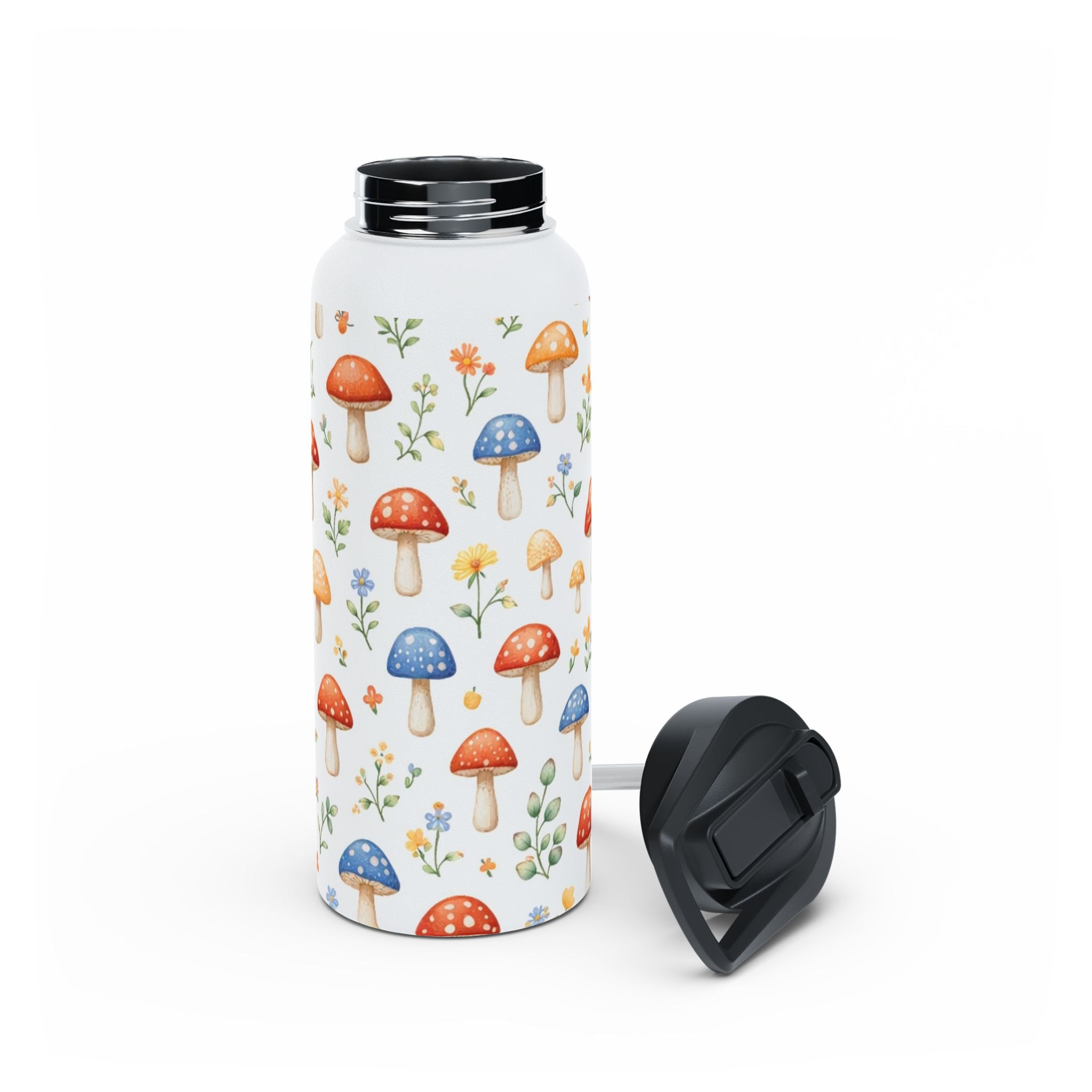 Watercolor Mushroom Pattern Stainless Steel Water Bottle | Floral Doodle