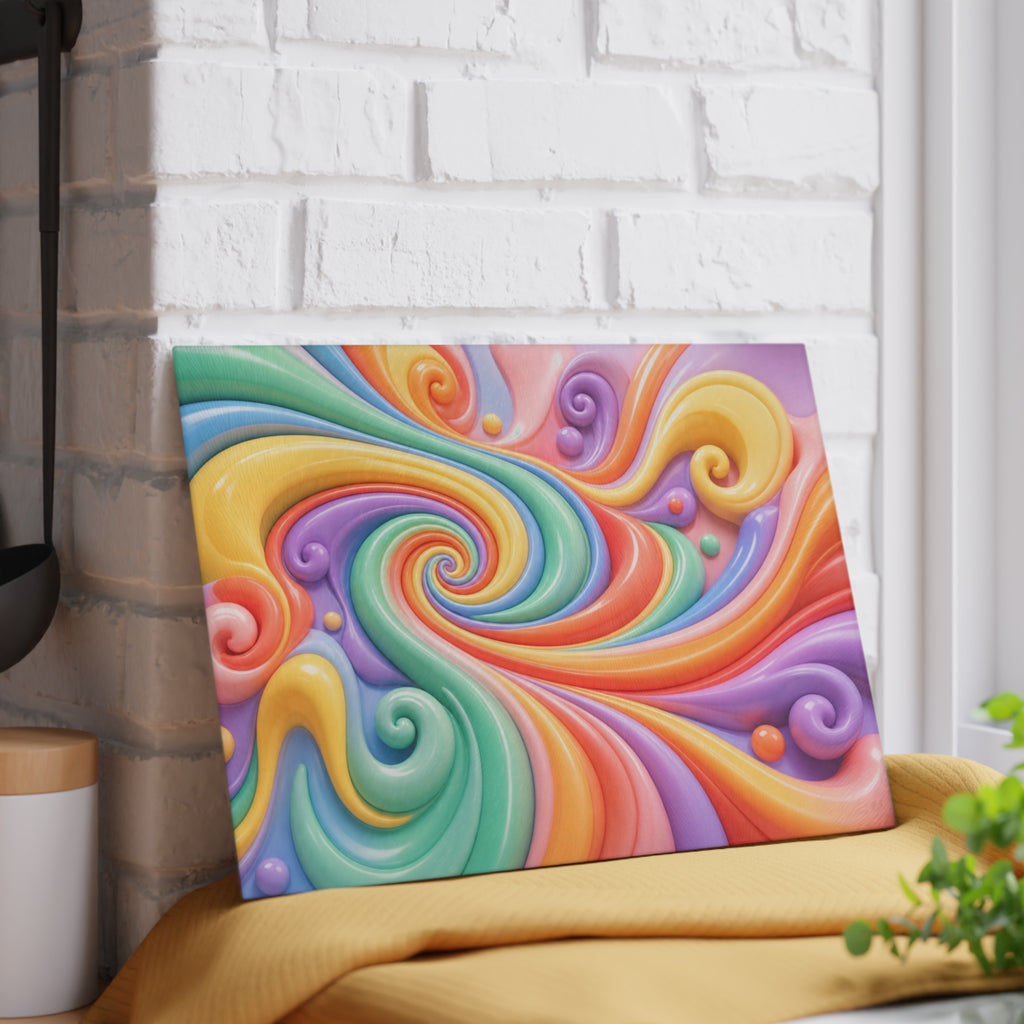 Rainbow Swirl Glass Cutting Board | Pastel Spiral Kitchen Decor
