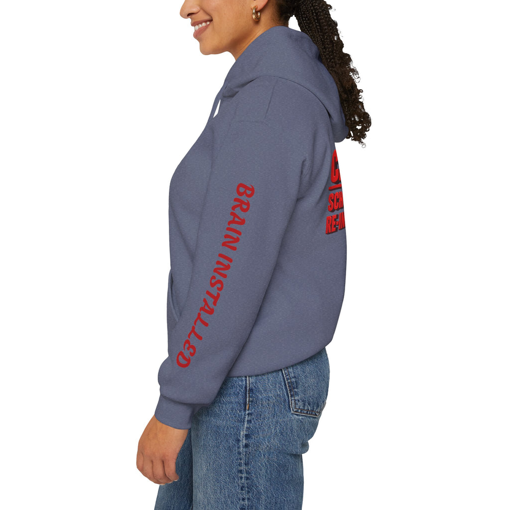 Hoodie — "CAUTION: Schools Starting, Re-Installing Brain" Back-to-School Graphic Hoodie