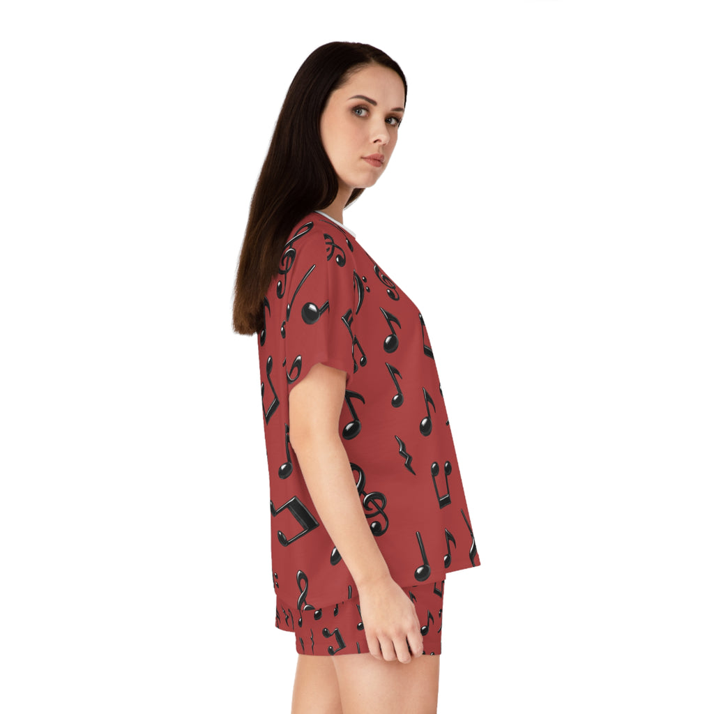 Women's Music Notes Pajama Set — Red Short Sleepwear