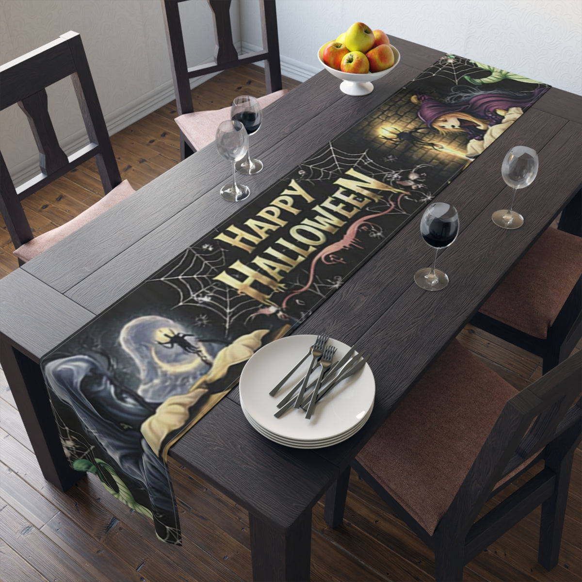Happy Halloween Table Runner | Glowing Moon, Bats & Spiderwebs – Seasonal Table Decor