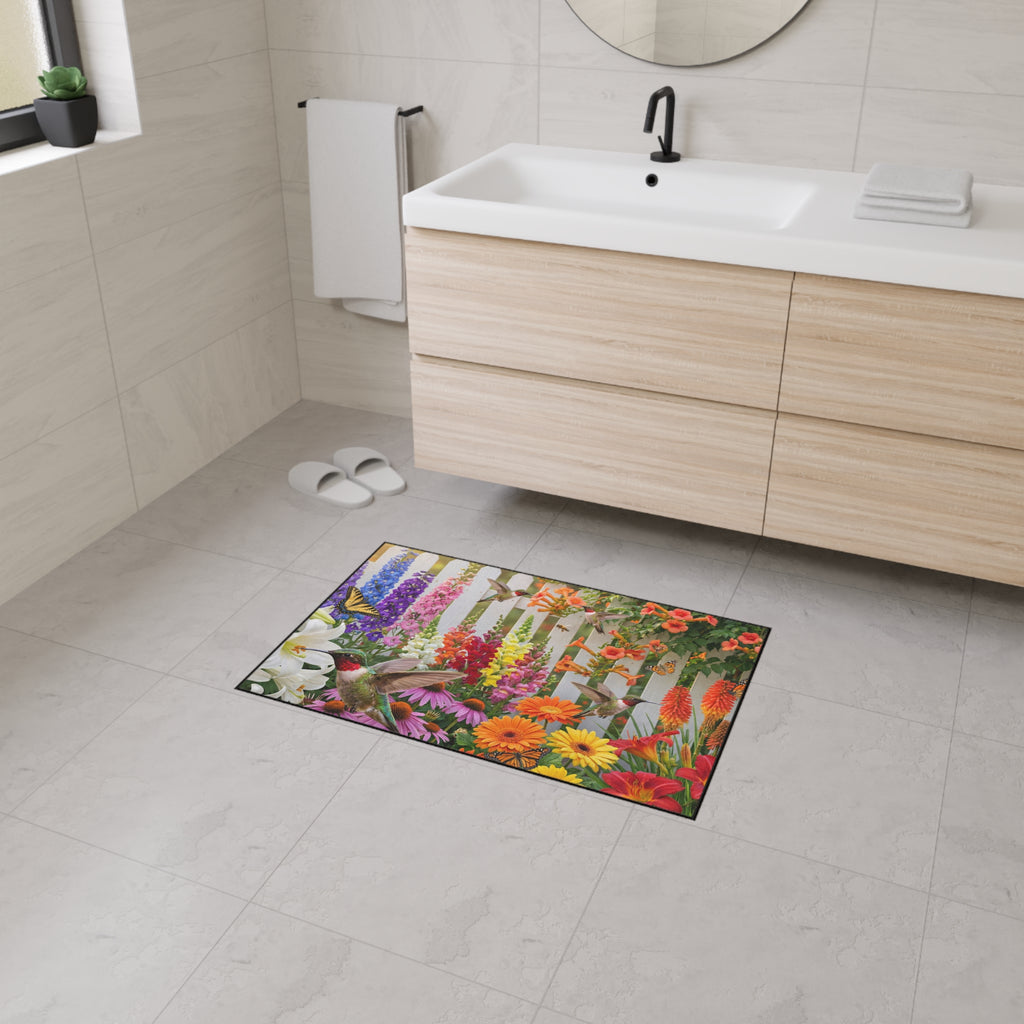 Hummingbirds and Wildflowers Floor Mat | Garden Fence Floral Doormat